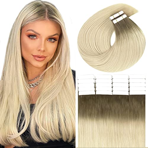 Premium 22 Inch Light Platinum Blonde with Ash Brown Roots Human Hair Extensions - 50g 20pcs Double Sided Lace Tape for Seamless Blending (Great for Parties, Weddings & Daily Styling)