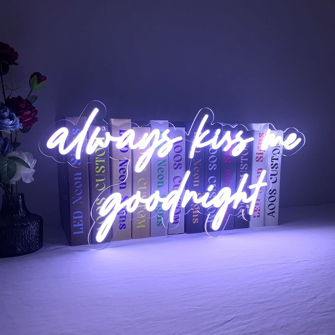 Always Kiss Me Goodnight LED Neon Sign - Custom Wall Decor for Bedroom, Living Room, Wedding & Party - Dimmable Aesthetic Lighting for Home, Bathroom & Kitchen Decor - Perfect for Romantic Ambiance & Nighttime Glow