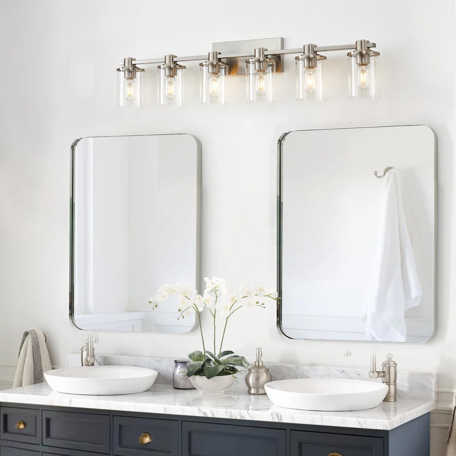 Brushed Nickel Bathroom Vanity Light Fixture - 6-Light Wall Sconce with Clear Glass Shade for Bathroom Mirror Lighting | Perfect for Modern Home Decor & Spa-Like Ambiance