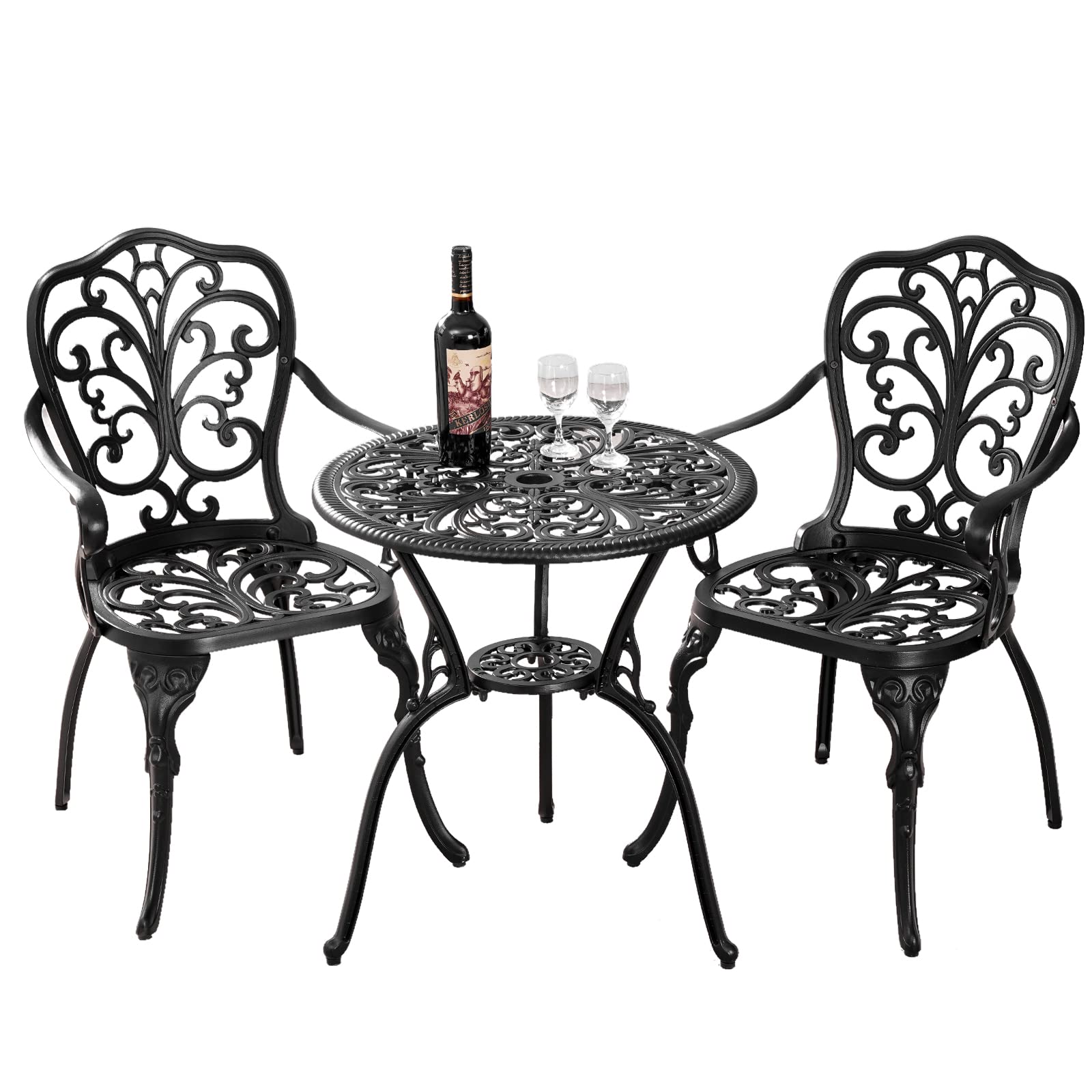 3-Piece Outdoor Bistro Set with 2 Chairs & Umbrella Hole - All-Weather Patio Furniture for Garden, Balcony or Backyard - Black