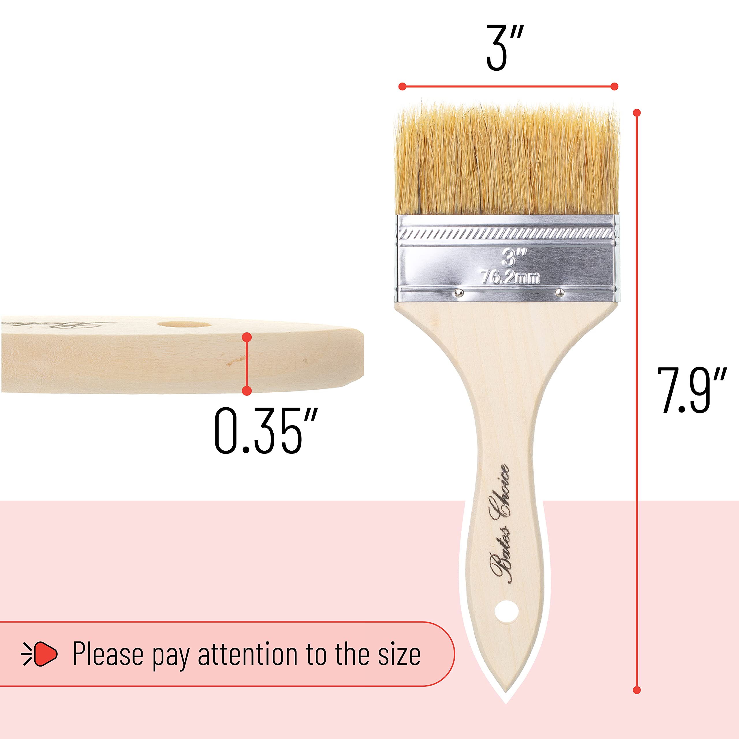 Bates 3 Inch Natural Bristle Chip Paint Brushes - 6 Pack for Wood Staining, Painting & DIY Projects - Durable Paint Brushes for Furniture, Cabinets & Home Improvement