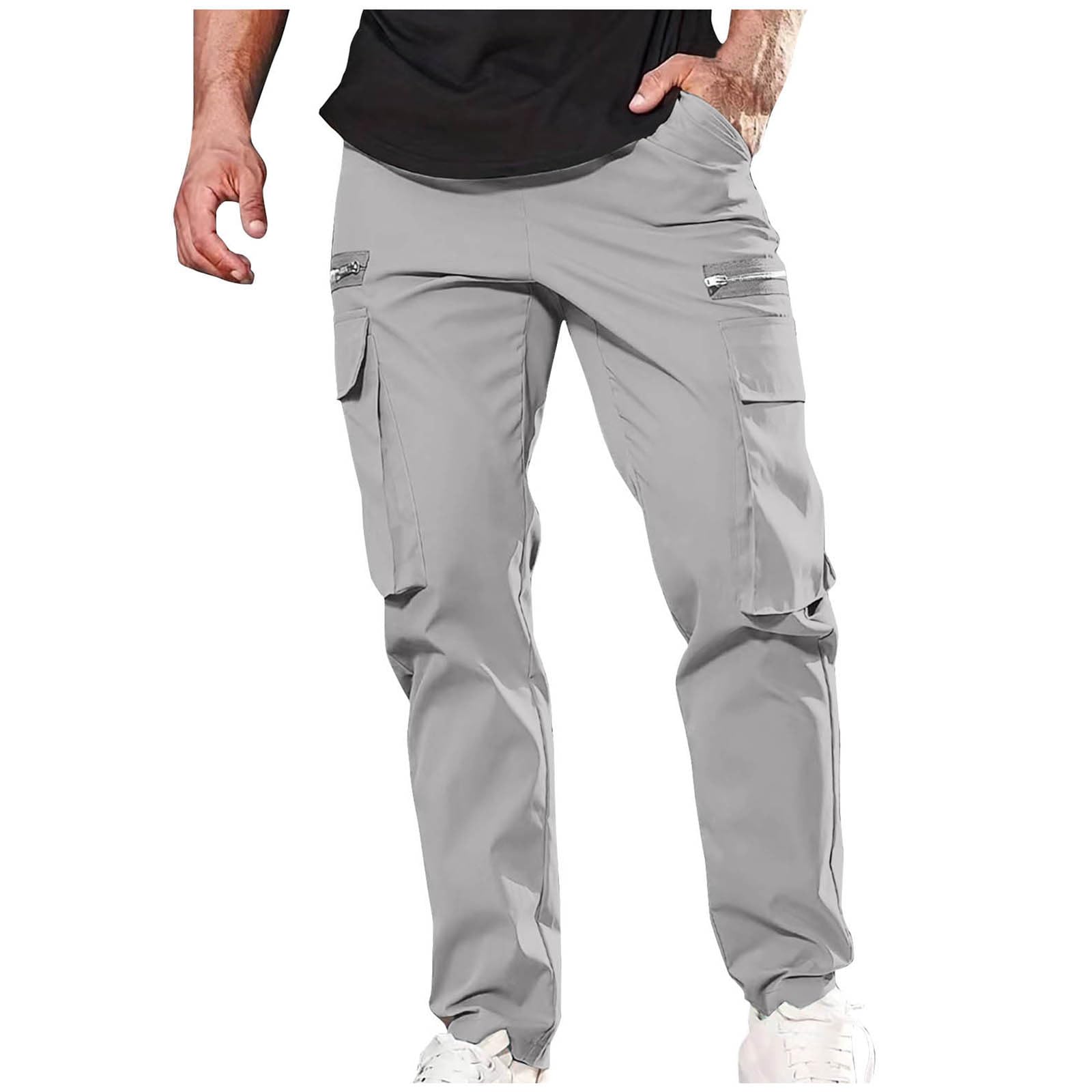 Men's Cargo Jogger Pants with Zipper Pockets & Elastic Waist - Athletic Sweatpants for Running, Workout & Casual Wear - Solid Color Open Bottom Active Pants