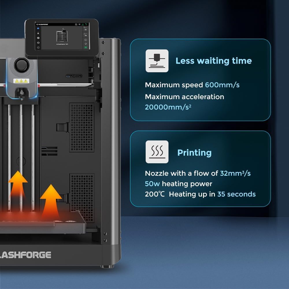 FLASHFORGE Adventurer 5M 3D Printer - Auto Leveling FDM 3D Printer with 600mm/s High Speed, Quick Detachable 280°C Nozzle, Vibration Compensation, 220x220x220mm Build Volume - Perfect for Home, Office & Educational 3D Printing Projects