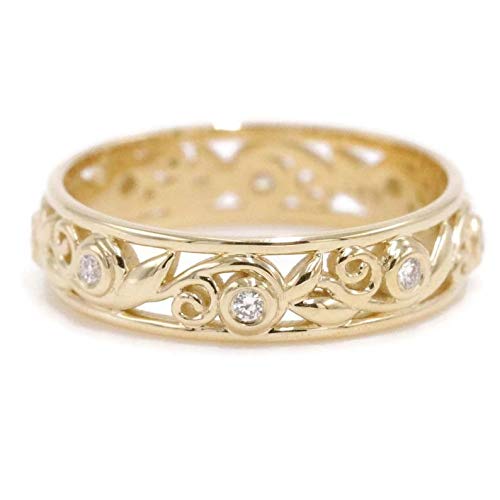 Vintage Rustic Leaf Filigree Eternity Diamond Wedding Ring - Scroll Pattern Feminine Wedding Band - Vintage Inspired Vine Leaf Design - Perfect for Engagement, Anniversary & Romantic Occasions