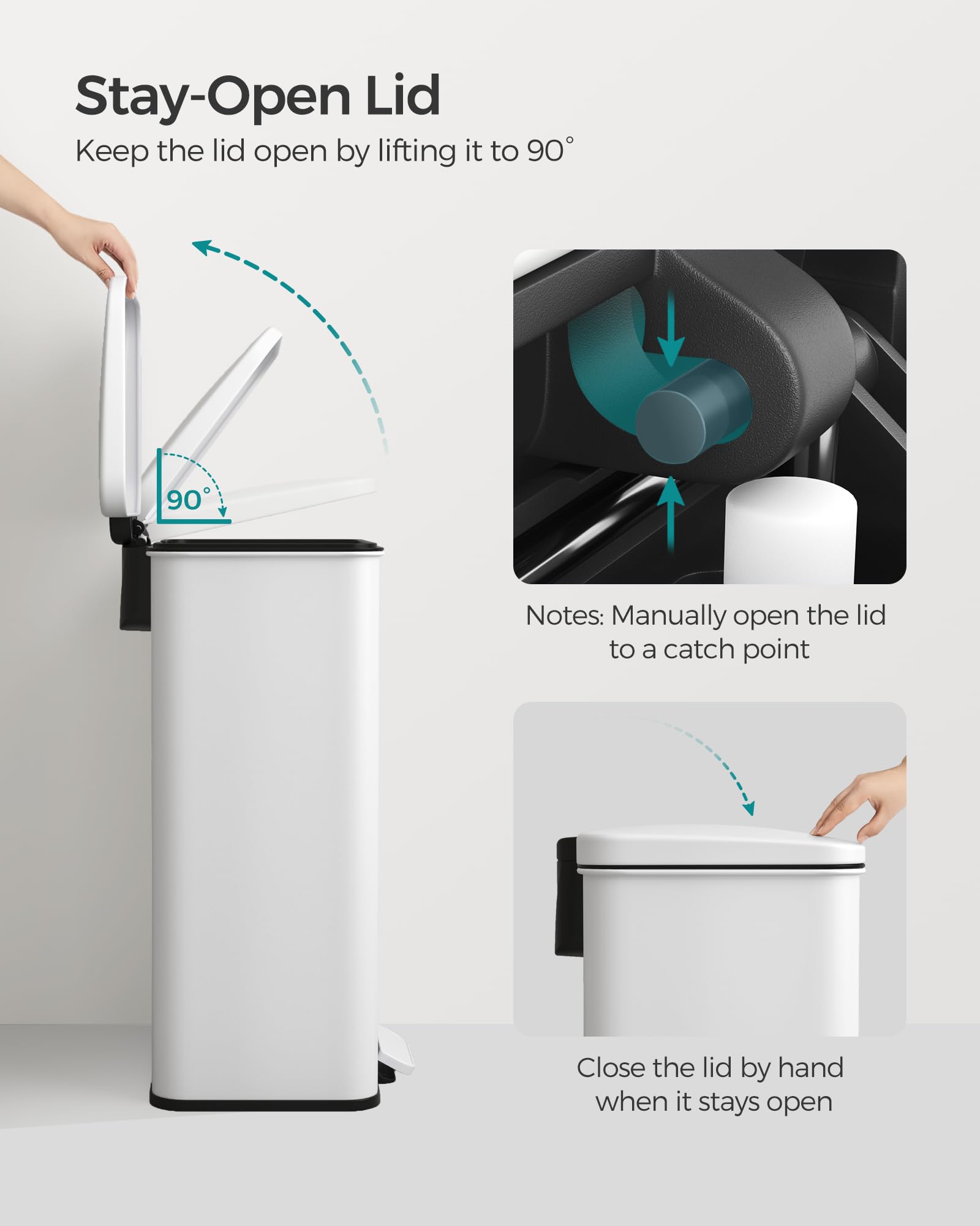 SONGMICS 10.5 Gallon Stainless Steel Step Trash Can with Lid - 40L Large Kitchen Garbage Bin, Soft Close Design, Includes 15 Trash Bags (White) - Perfect for Home, Office, and Restaurant Use