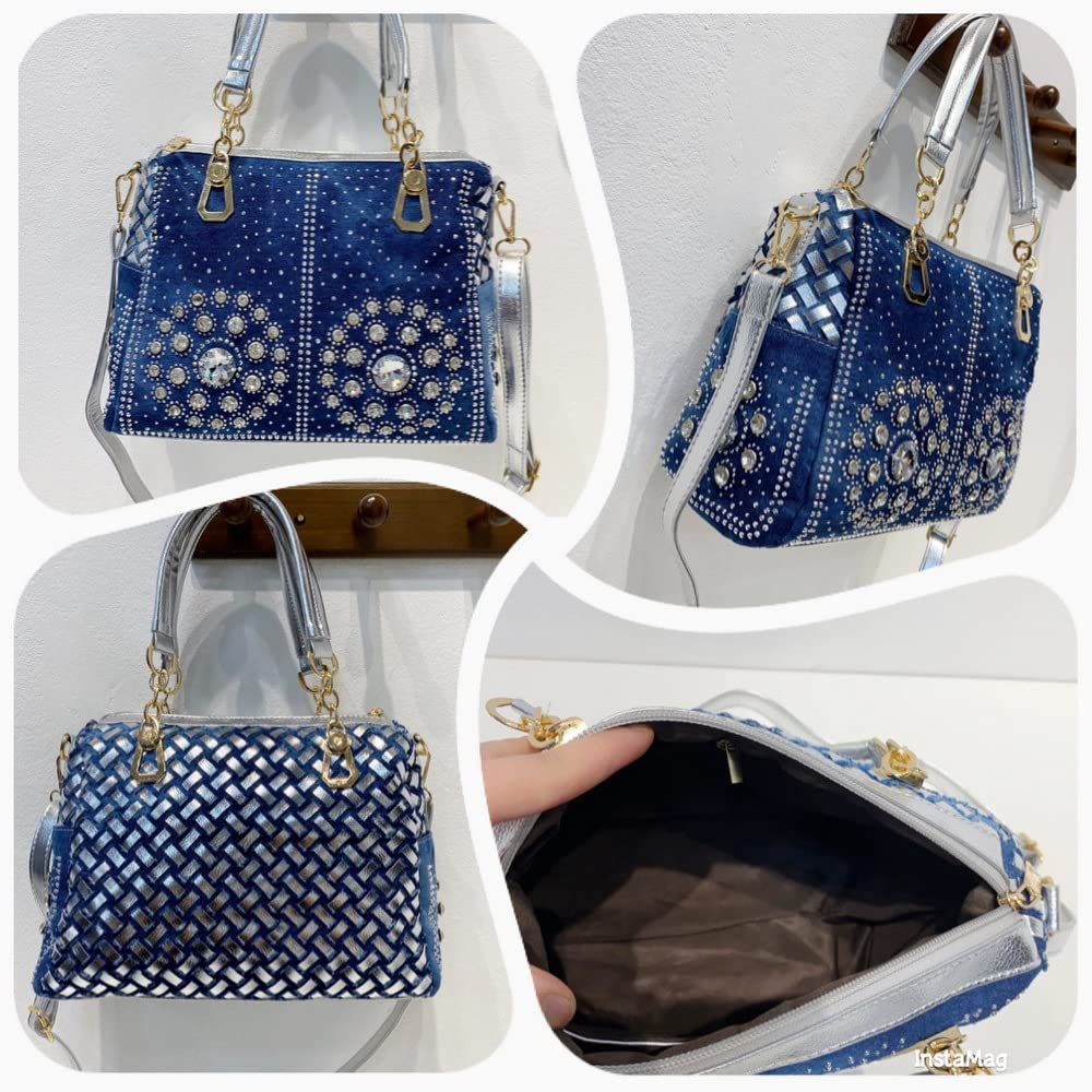 Sparkling Rhinestone Denim Tote Bag for Women - Crystal Embellished Shoulder Bag & Crossbody Messenger Purse - Perfect for Parties, Date Nights and Casual Outings