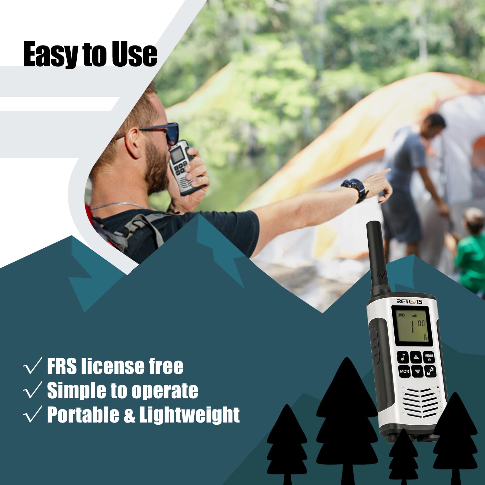 Retevis RT45 Long Range Rechargeable Walkie Talkies (2 Pack) - FRS Two Way Radios with Flashlight & NOAA Weather Alert - Ideal for Camping, Hiking, Outdoor Adventures & Emergency Communication