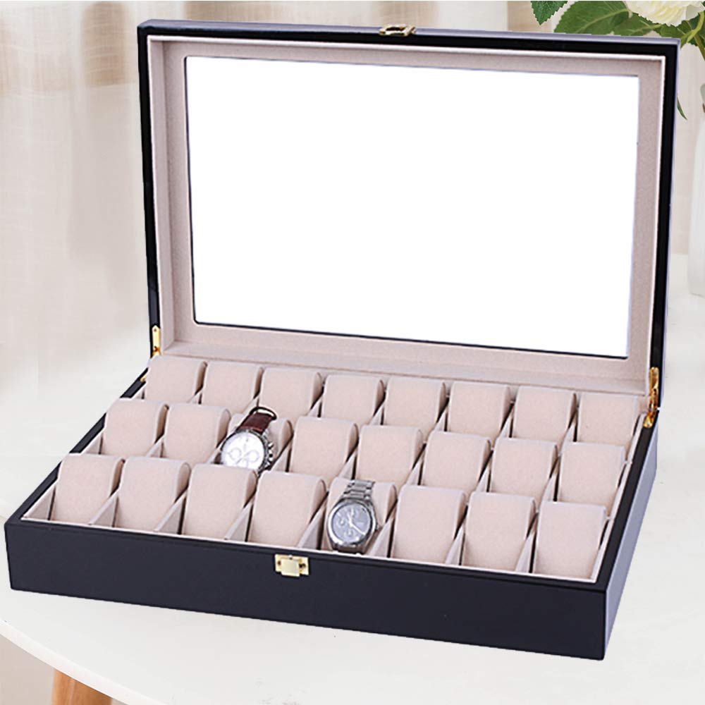 24-Slot Wooden Watch Box Organizer with Glass Top - Elegant Watch Display Case for Men & Women - Perfect for Jewelry, Watches, Rings Collection & Gift Giving - Home & Office Decor Accessory