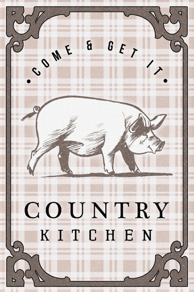 Lantern Press Country Kitchen Pig on Plaid Wall Art - 16x24 Wrapped Canvas Print - Farmhouse Kitchen Decor - Perfect for Dining Room, Living Room & Country Style Home Decor