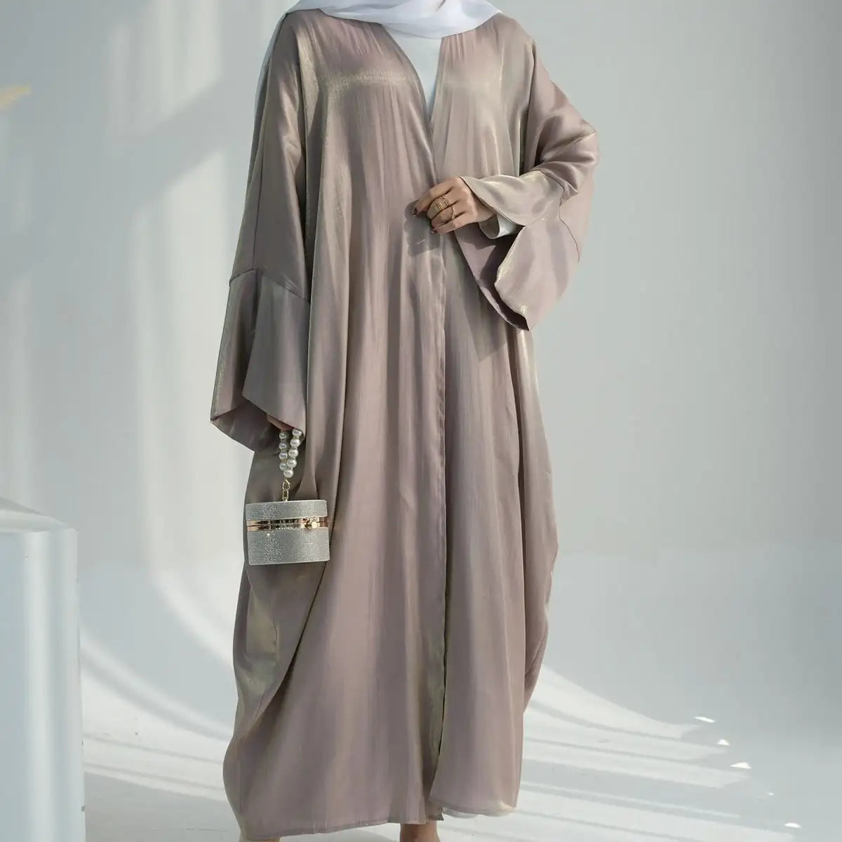Gleam Shiny Cardigan Open Abaya Dress for Women - Elegant Long Sleeve Kimono Cover Up - Perfect for Prayer, Mosque, Parties & Special Occasions