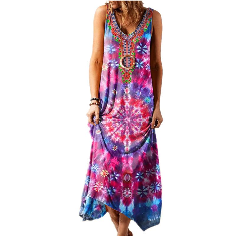 Akivide Women's Casual Loose Beach Maxi Dress - Plus Size Boho Summer Sleeveless V-Neck Long Sundress for Vacation, Travel & Outdoor Activities
