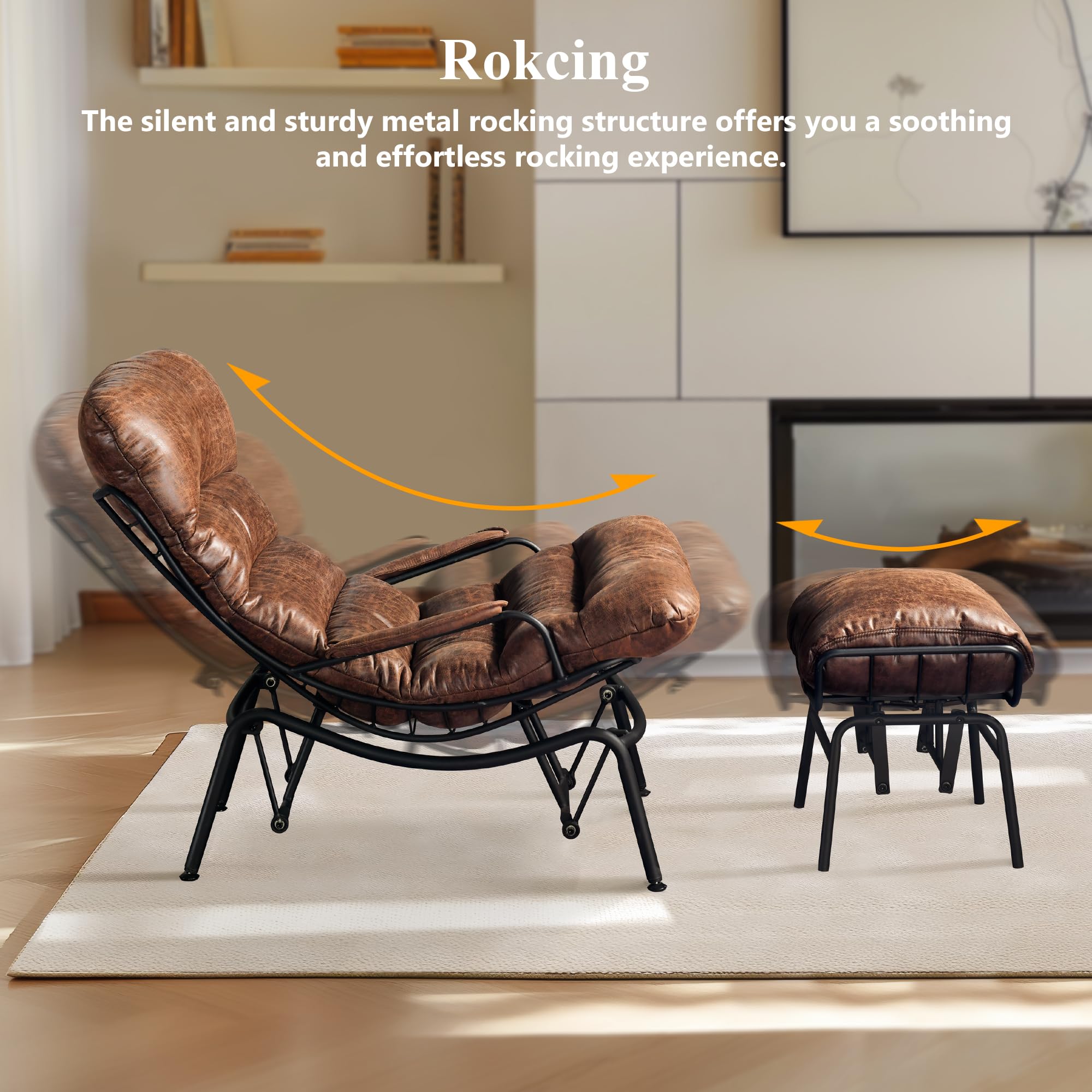 Lazy Lounge Chaise Chair with Ottoman - Comfortable Faux Leather Rocking Recliner for Adults with Arm Cushions, Perfect Reading Chair for Bedroom & Living Room - Dark Brown - Ideal for Relaxing, Reading Books or Watching TV