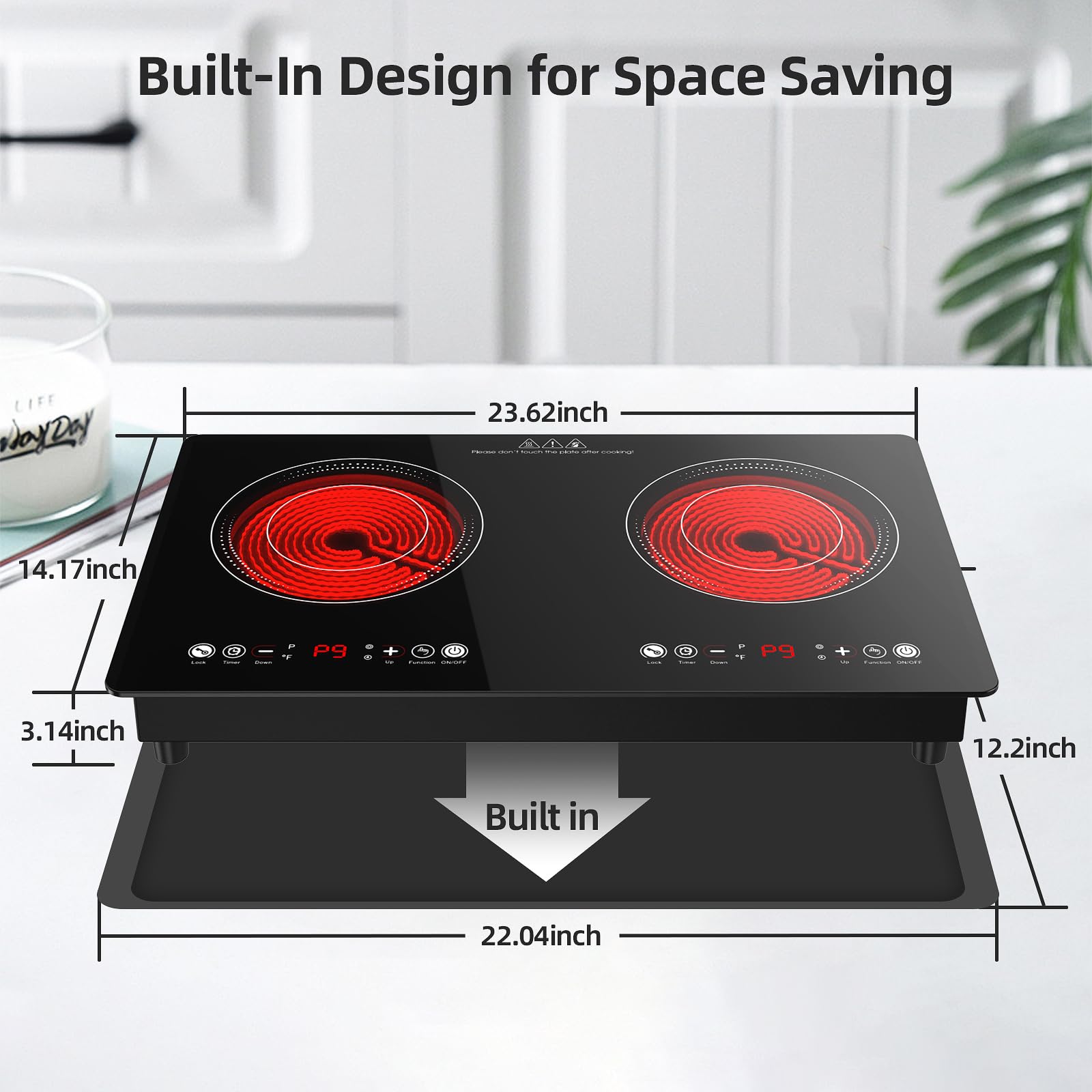 **24 Inch Electric Cooktop - 110V 2400W Built-in Ceramic Stove Top with 9 Power Levels & LED Touch Control - 2 Burner Desktop Induction Cooktop for Home, Kitchen, RV & Small Spaces**