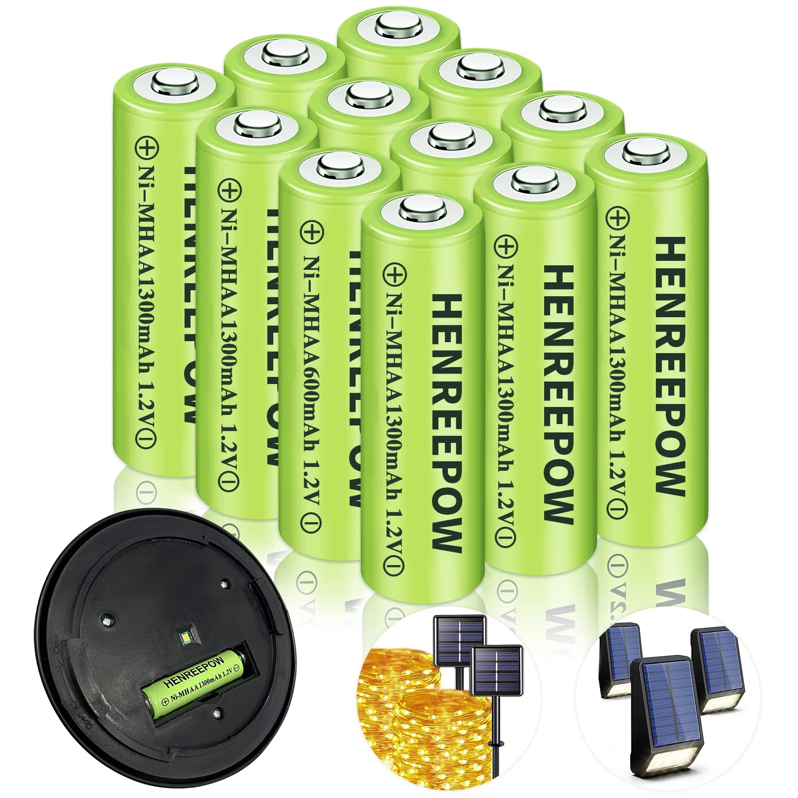HENREEPOW Ni-MH AA Rechargeable Batteries 12-Pack - 1.2V 1300mAh High Capacity Double A Batteries, Pre-Charged for Solar Lights, Flashlights, Wireless Mouse, Remote Controls, Radios - Perfect for Outdoor, Home & Office Use