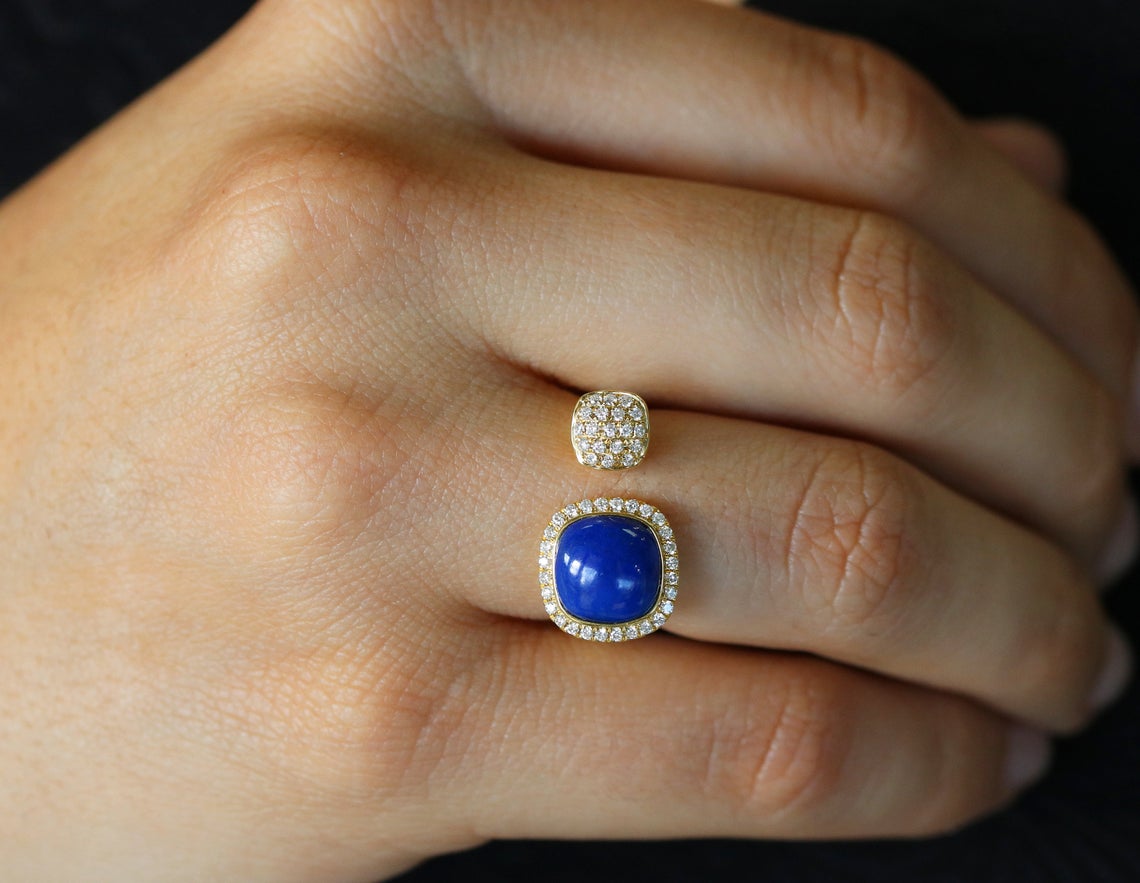 14K Gold Toi Et Moi Lapis Lazuli Diamond Cuff Ring - Elegant Stackable Jewelry for Weddings & Date Nights
