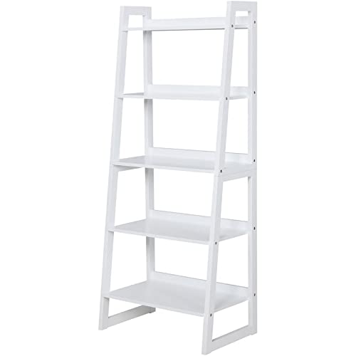BOWERY HILL Modern 5-Tier Ladder Bookcase Shelf - White Wooden Storage for Living Room, Bedroom & Office Organization
