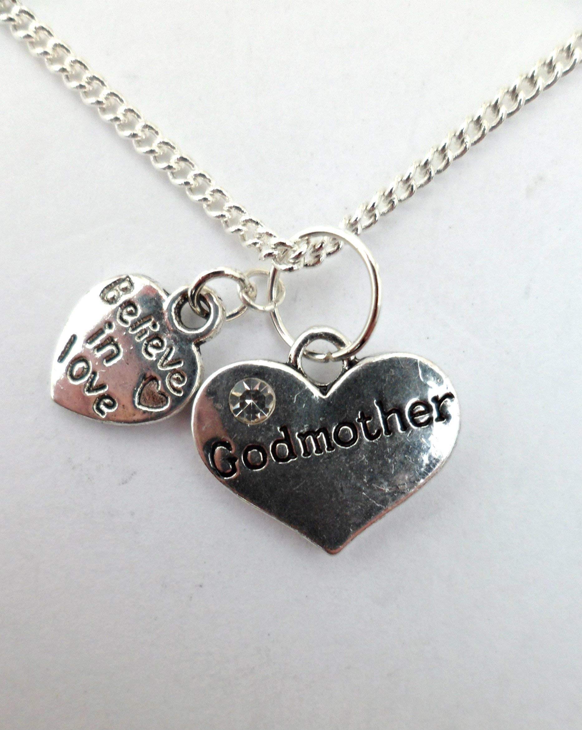 Sterling Silver Godmother Necklace with Heart Charm & Gemstone Pendant - Perfect for Gifts, Baptisms, and Special Occasions
