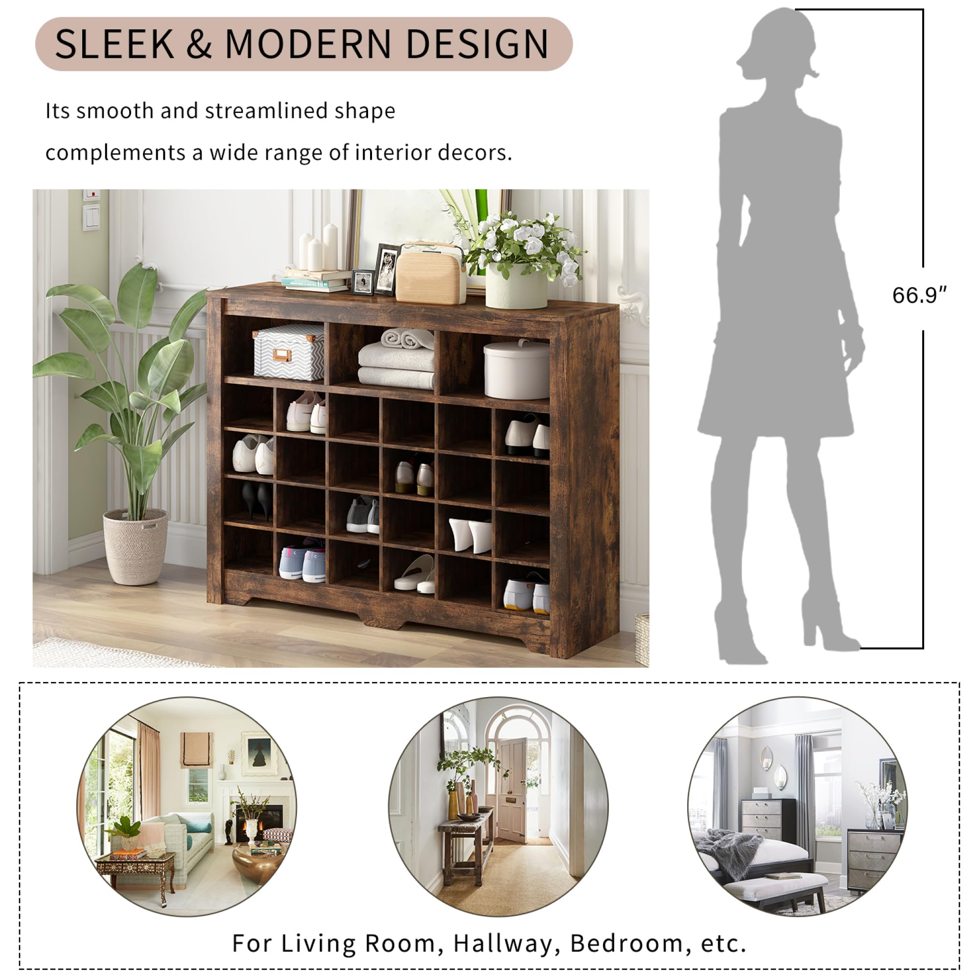 **CuisinSmart Modern 24-Shoe Storage Cabinet, Freestanding 5-Tier Wooden Shoe Rack Organizer with Curved Base - Entryway, Hallway, Bedroom & Living Room Storage Solution (Brown)**    **Perfect for Small Spaces, Entryway Organization, and Stylish Shoe Storage**