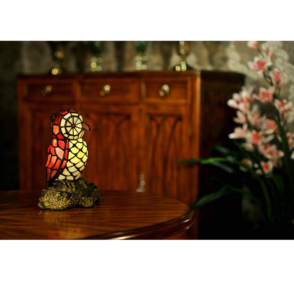 LITFAD Tiffany Style Vivid Owl Desk Lamp - 1 Light Stained Glass LED Night Light in Red for Bedroom, Living Room, Office & Hotel Decor | Perfect Reading Light & Cozy Ambiance Lighting