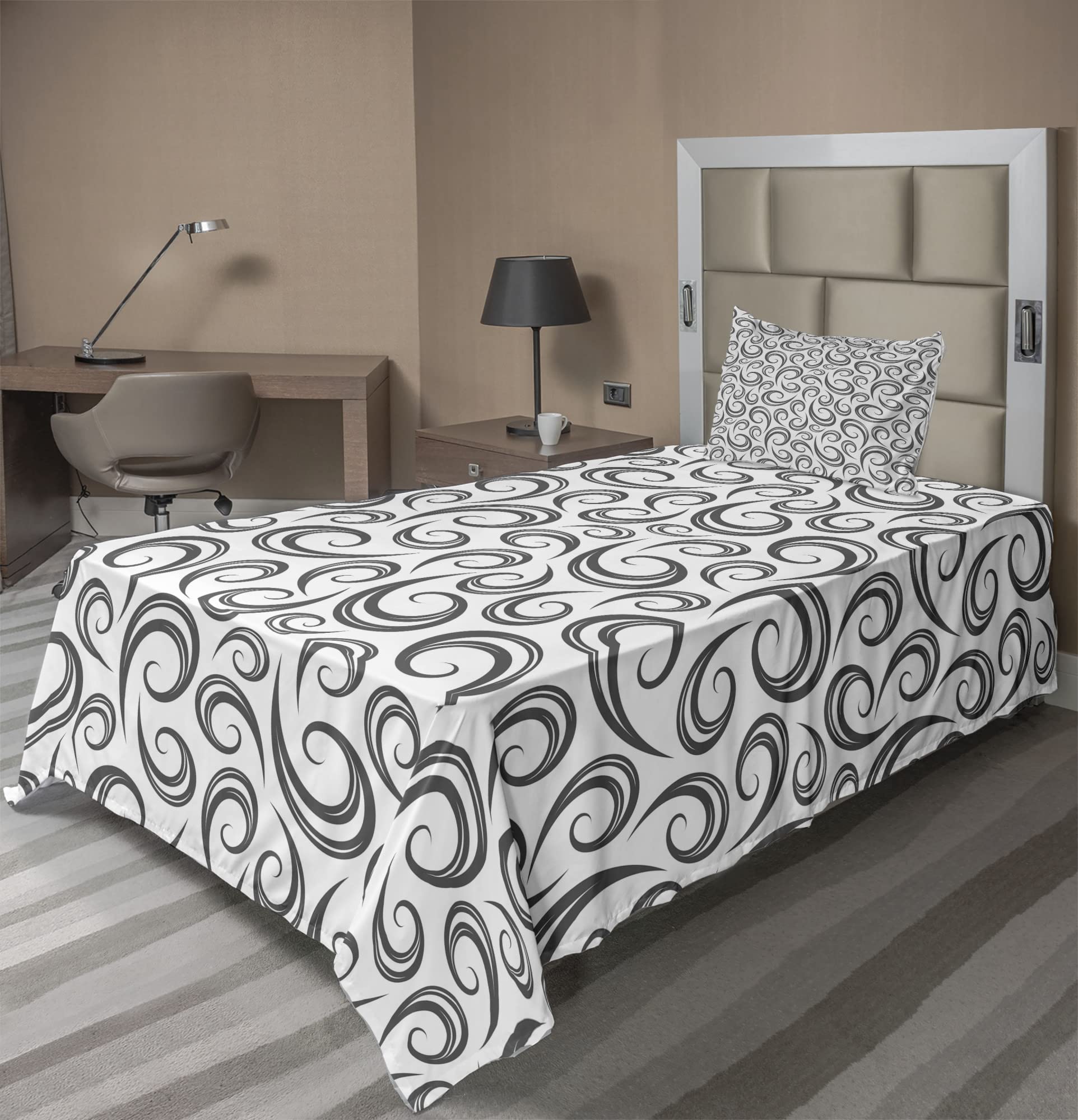 Ambesonne Abstract Sheet Set - Rhythmic Curly Waves Spirals Design, 3-Piece Bedding Set with Fitted Sheet, Flat Sheet & Pillowcase, Twin Size, White Dark Taupe Grey - Perfect for Modern Bedrooms, Guest Rooms & Dorm Decor