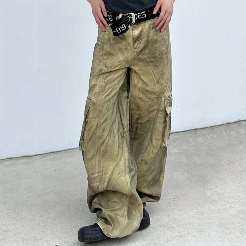 American Style Men's Distressed Denim Jeans with Flame Print & Large Pockets - Straight Leg Overalls for Summer Fashion | Casual Wear, Street Style, Outdoor Activities