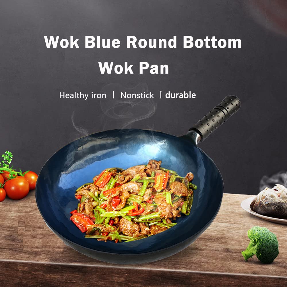 Premium Chinese Hand Hammered Iron Wok Set - Non-Stick, Preseasoned Blue Round Bottom Wok Pan for Electric, Induction & Gas Stoves (Blue Black-12) - Perfect for Stir-Frying, Deep Frying & Asian Cooking