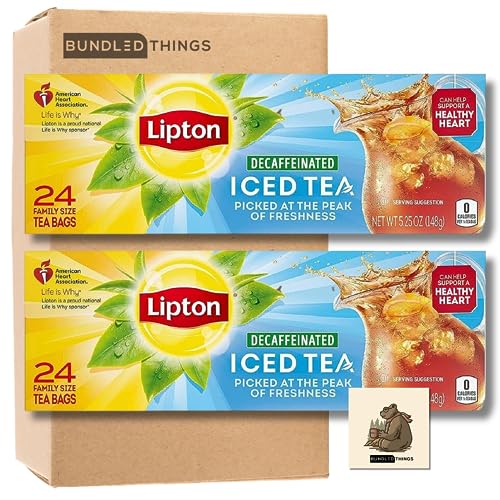 Lipton Decaffeinated Iced Tea Bags - Family Size, 24 Count (Pack of 2) | 48 Total Tea Bags with Free Bear Magnet | Perfect for Summer Picnics, Office Break Room & Relaxing at Home