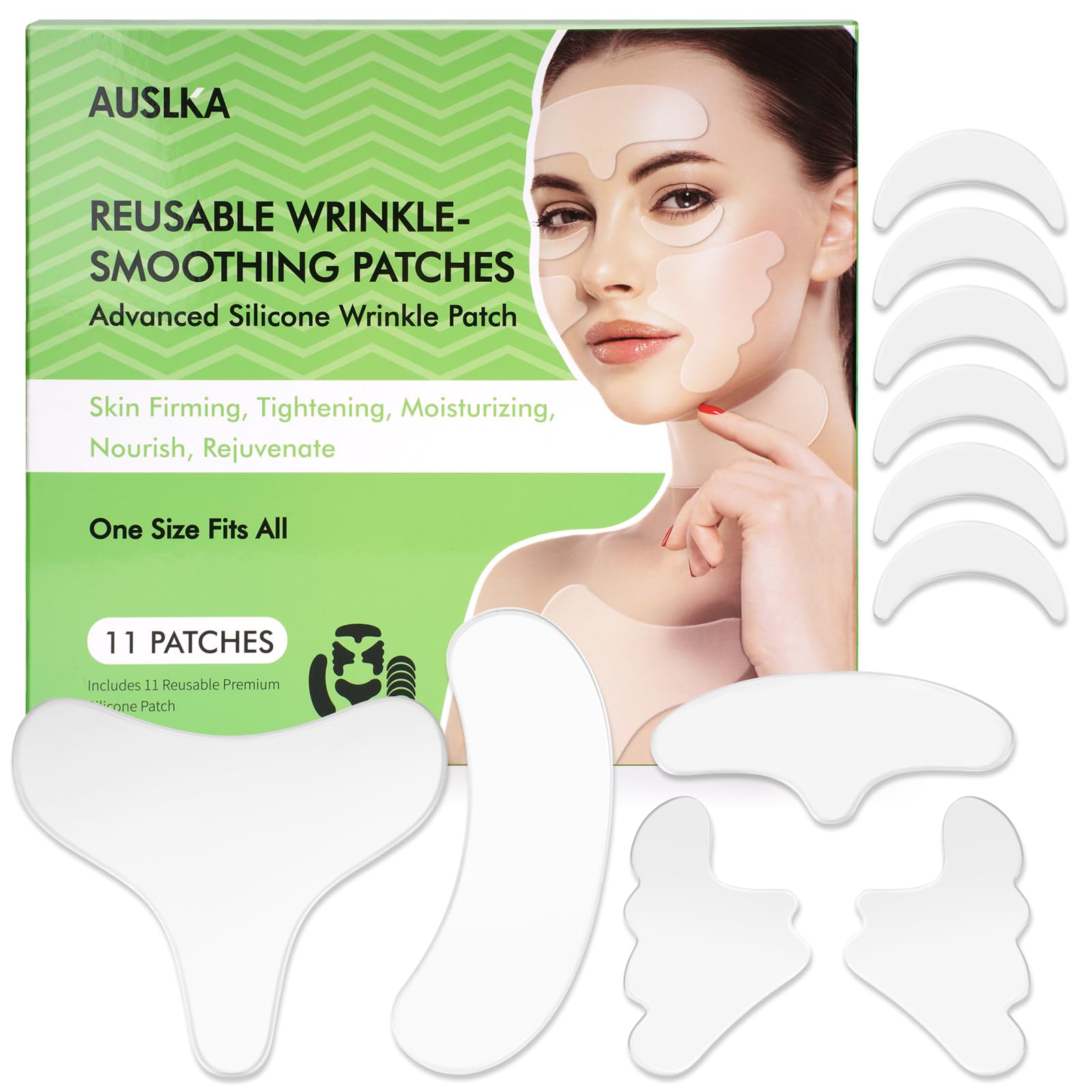 AUSLKA Reusable Silicone Wrinkle Patches - Anti-Aging Face Patches for Forehead, Neck, Frown & Chest Lines - 11 Pack for Smooth Skin at Home, Work & Travel