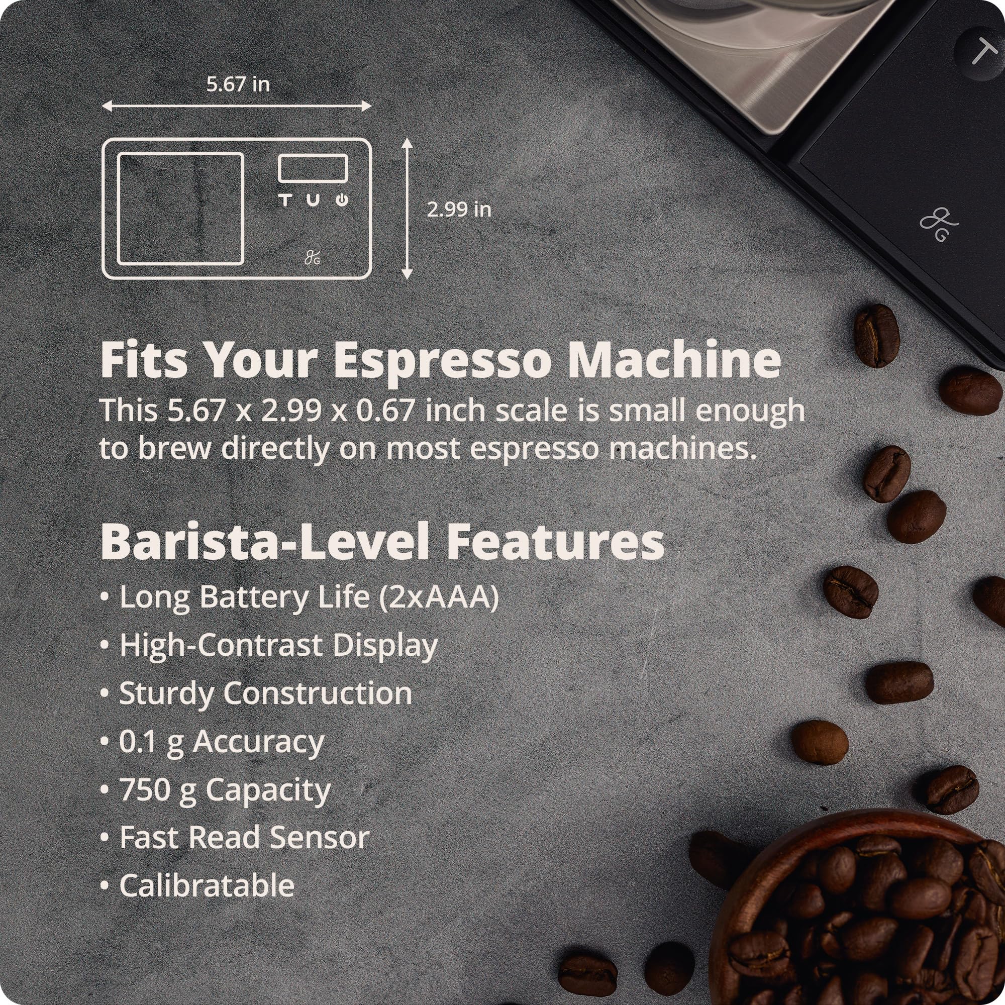 Greater Goods Digital Espresso and Coffee Scale - 750g Capacity, 0.1g Precision, Compact Kitchen Scale with 6 Measurement Units for Brewing, Baking & Portion Control | Perfect for Home Baristas & Coffee Enthusiasts