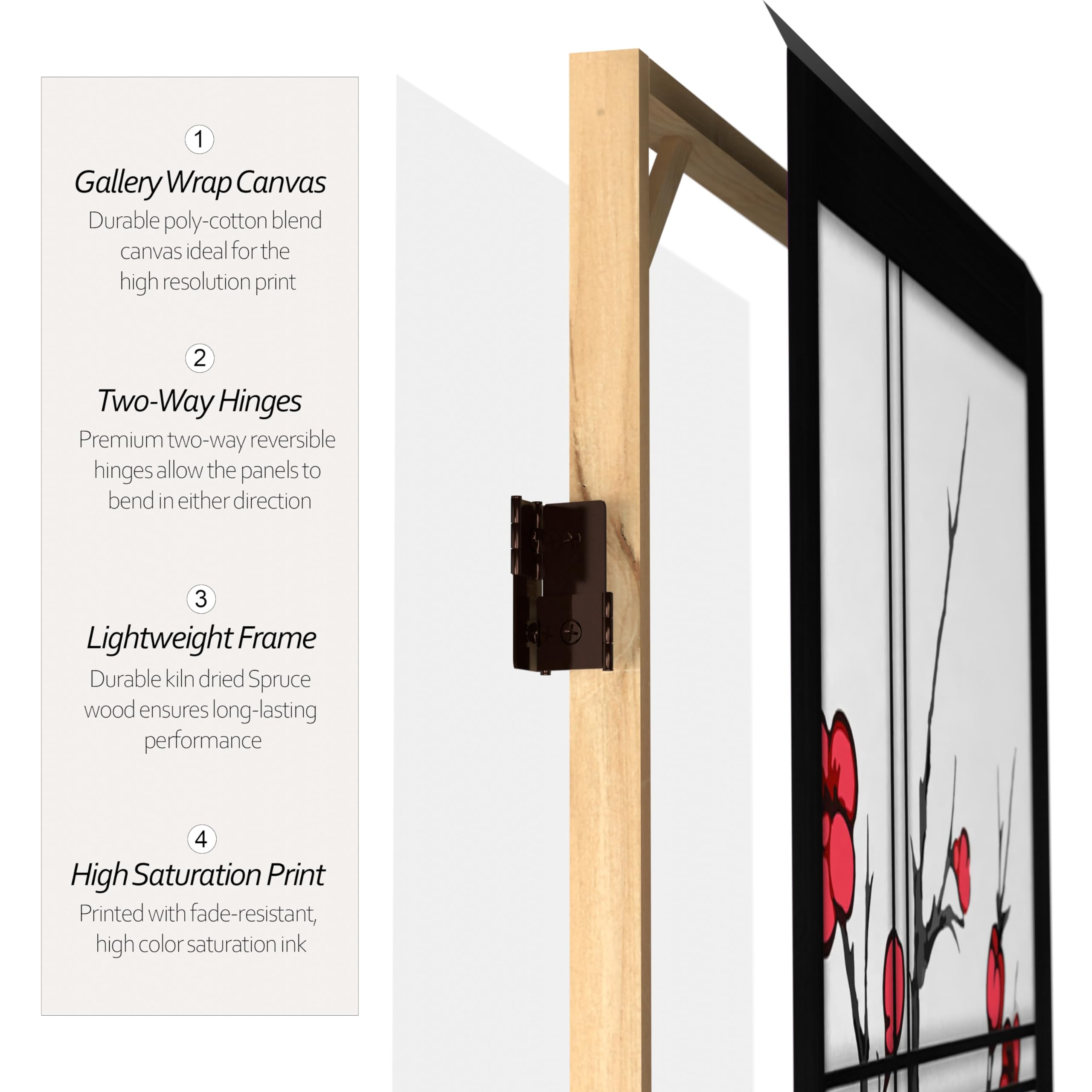 6 ft Tall Red Lantern Canvas Cherry Blossom Black Room Divider Screen - 3 Panel Folding Privacy Partition for Bedroom, Living Room, Office & Studio Decor