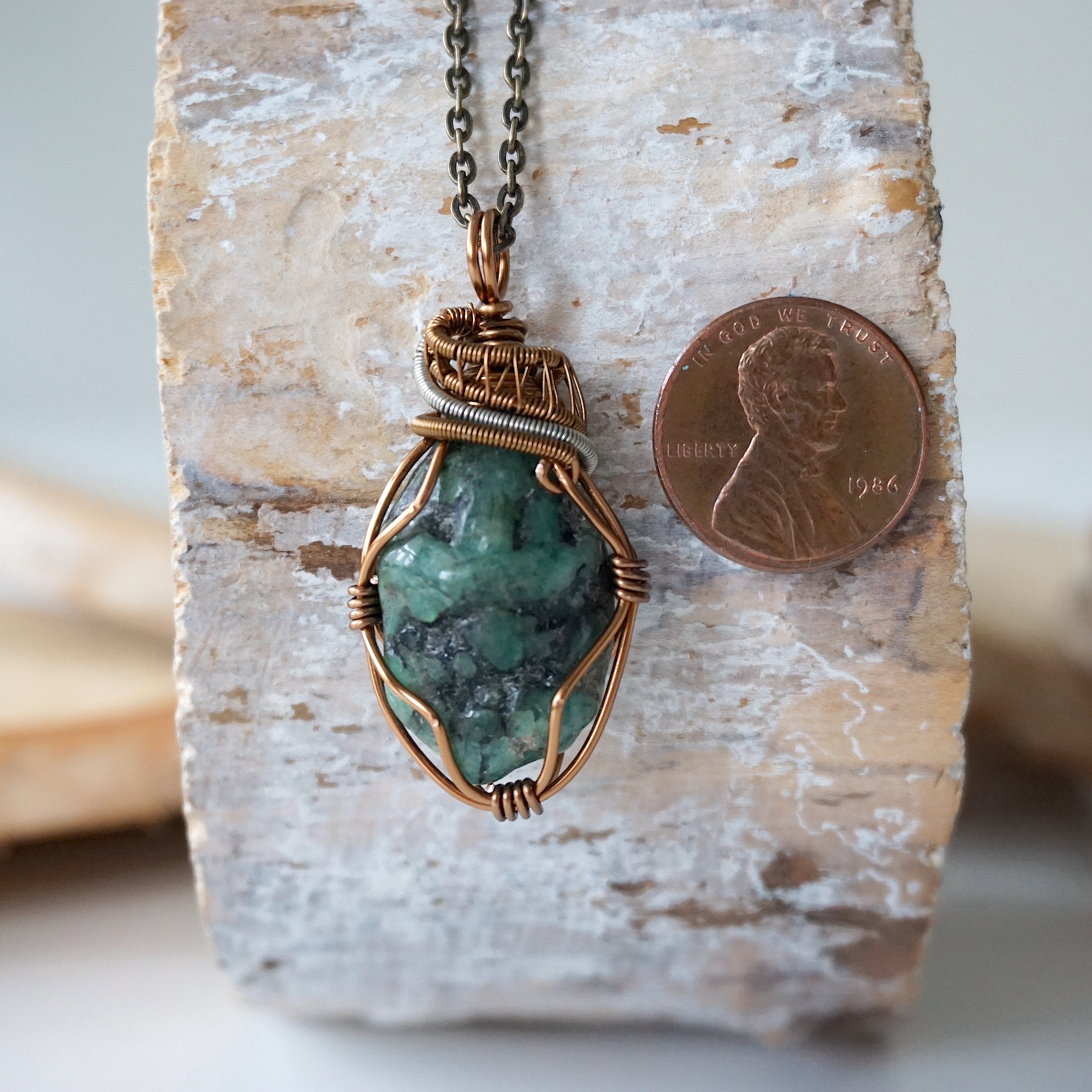 Natural Raw Emerald Crystal Necklace with Sterling Silver & Bronze Wire Wrapping - Healing Stone Jewelry for Meditation, Energy Cleansing & Spiritual Gifts
