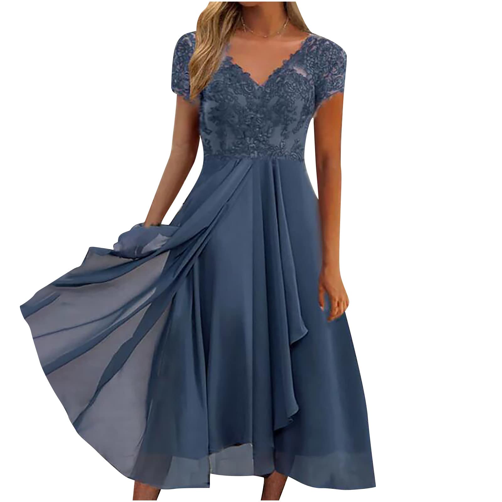 Elegant Lace Chiffon V-Neck Short Sleeve Midi Dress for Women - UK Petite Wedding Guest, Prom & Evening Party Dresses | Sexy Knee-Length Special Occasion Dress for Wedding, Cocktail Party & Formal Events