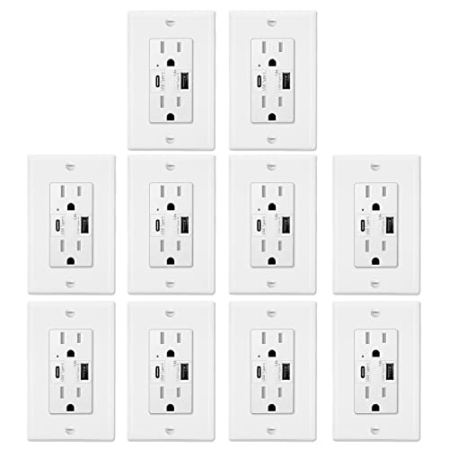 GREENCYCLE 10-Pack White USB Type C Wall Outlet with 5.8A Ultra-Fast Charging, LED Indicator & Wall Plate - UL Listed TR Duplex Receptacle for Home, Office & Hotel Use
