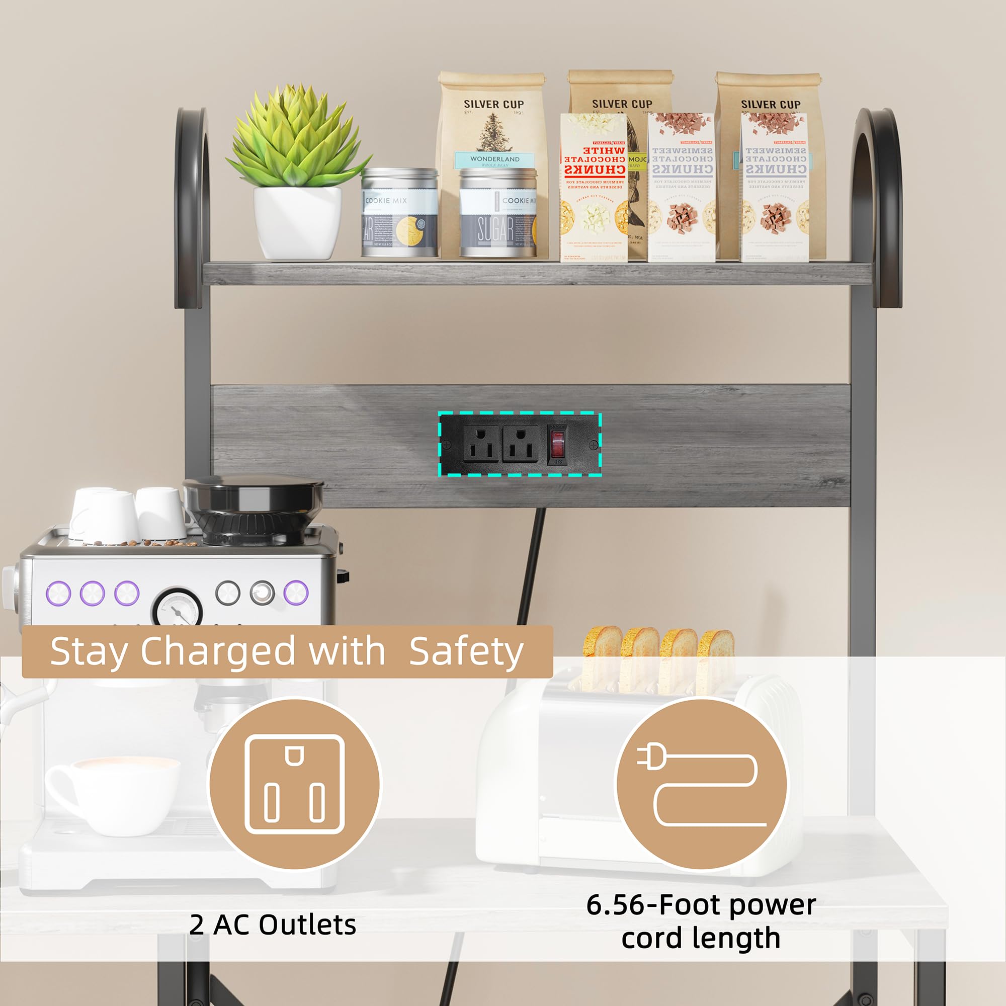 JAMFLY 6-Tier Bakers Rack with Power Outlet - Microwave Stand, Kitchen Storage Shelf with 6 Hooks & Wire Basket - Coffee Bar Station, Spice Rack, Pot and Pan Organizer for Living Room & Kitchen - Perfect for Small Spaces, Apartment Cooking & Home Organization