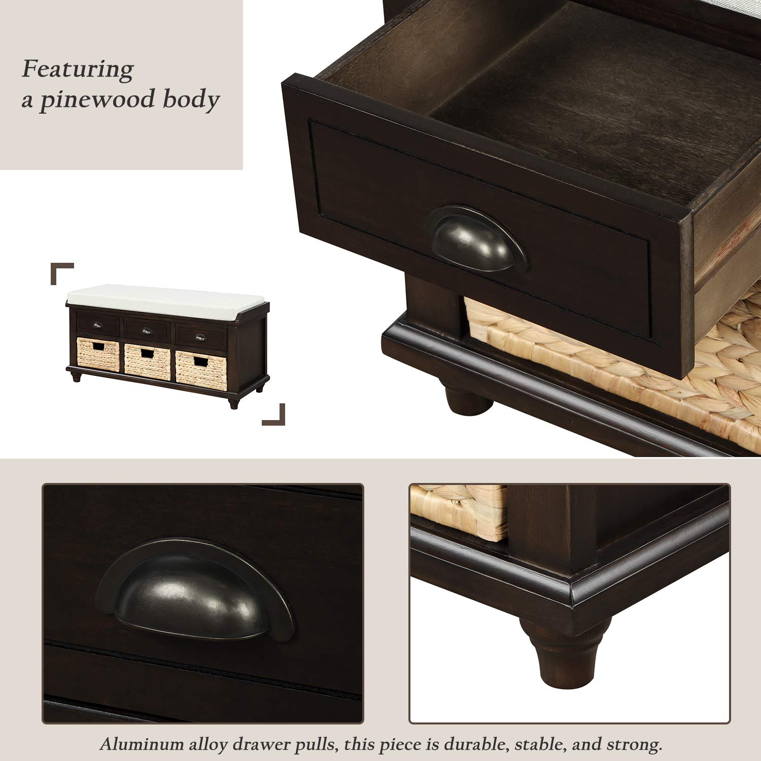 HABITRIO Wooden Storage Bench with Removable Cushion - 3 Drawers & 3 Baskets, Multi-Functional Shoe Bench for Entryway, Bedroom, Living Room, Hallway - Perfect for Organizing Shoes, Blankets & Home Decor (Espresso Finish) | Ideal for Small Spaces & Apartment Living