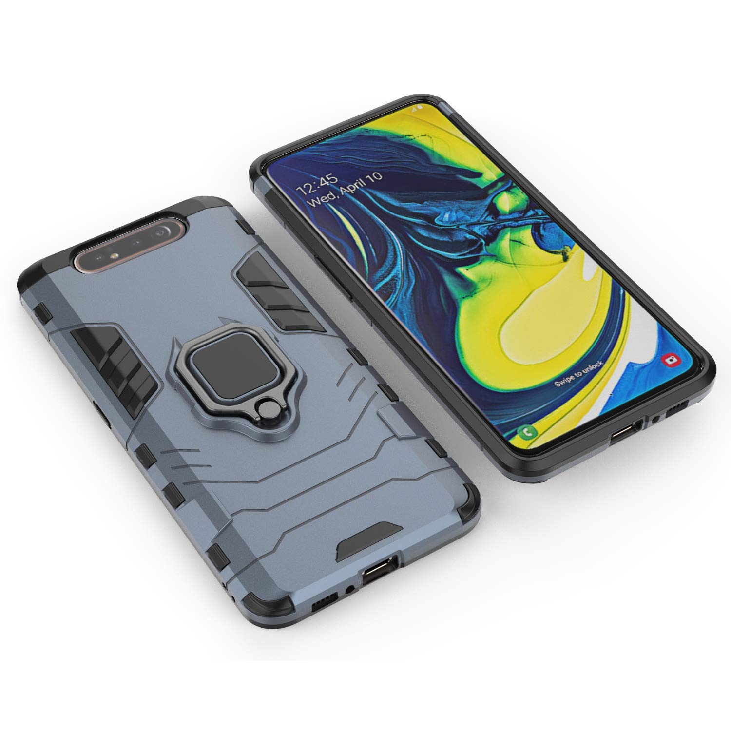 Samsung Galaxy A80 & A90 Shockproof Case with Metal Ring Kickstand - Rugged Dual Layer Hard Bumper Cover (Navy Blue) | Magnetic Car Mount Compatible | Perfect for Outdoor Activities, Travel & Daily Protection