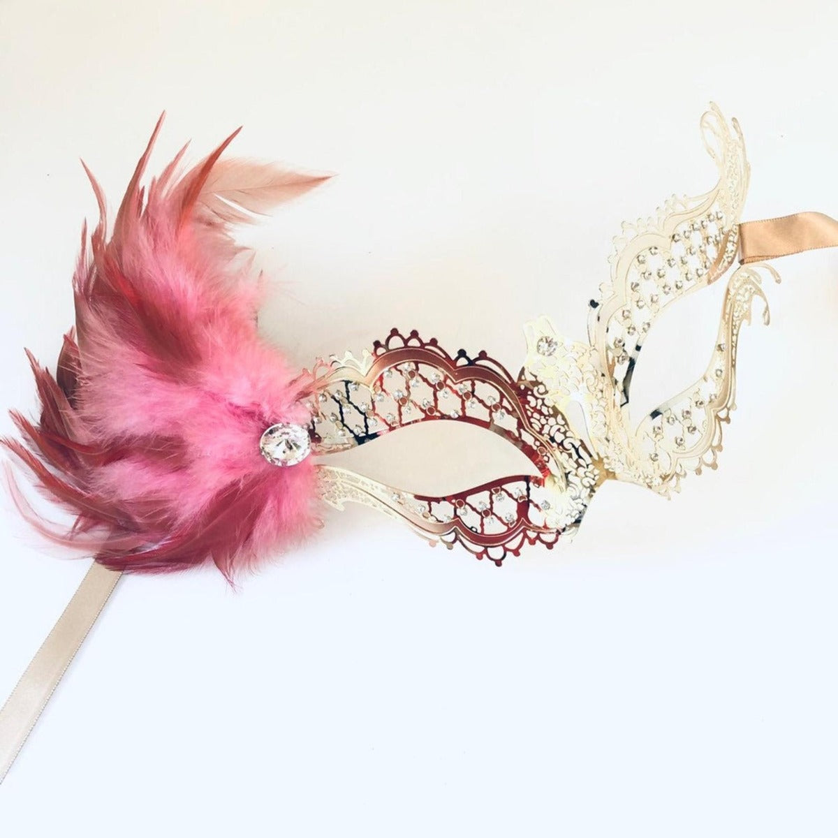 Elegant Gold Face Mask with Pink Feathers - Glamorous Party Mask for Women, Halloween Costume Accessory, Mardi Gras, Masquerade Ball, and Special Events