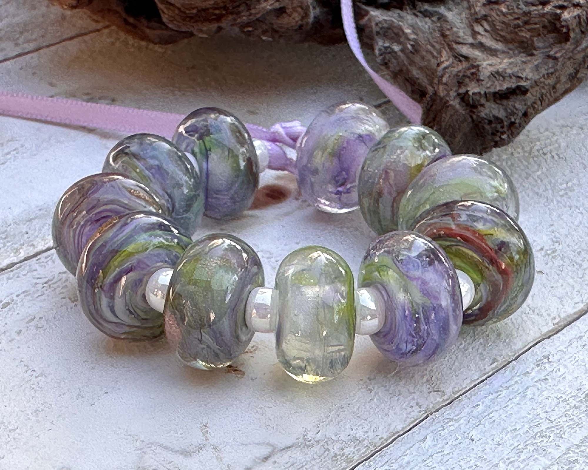 11-Piece Purple & Green Swirl Lampwork Glass Beads Set for Jewelry Making - DIY Bracelet, Necklace & Craft Projects (SRA Certified) - Perfect for Gift Giving & Boho Style Accessories
