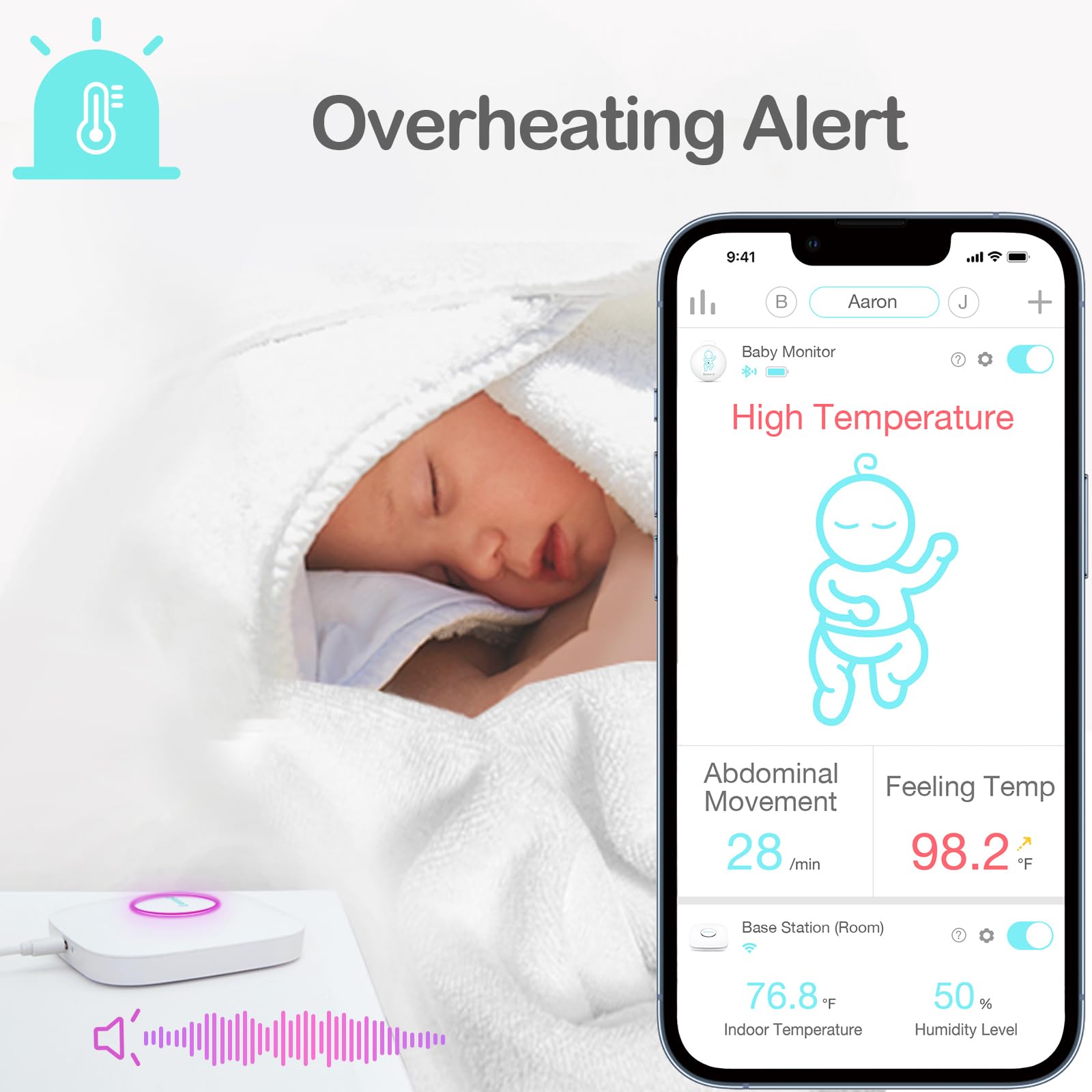 Sense-U Smart Baby Movement Monitor 3 - Wireless Breathing & Sleep Position Tracker with Temperature Sensor & Real-Time Alerts for Newborns & Infants - Perfect for Nursery, Travel & Peace of Mind