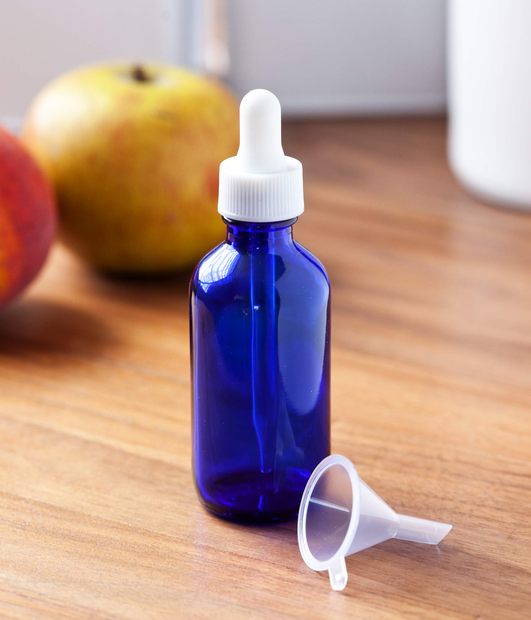 JUVITUS 2 oz Cobalt Blue Glass Boston Round Bottles with White Dropper Caps and Funnel - 4 Pack Set for Essential Oils, DIY Skincare, and Craft Projects