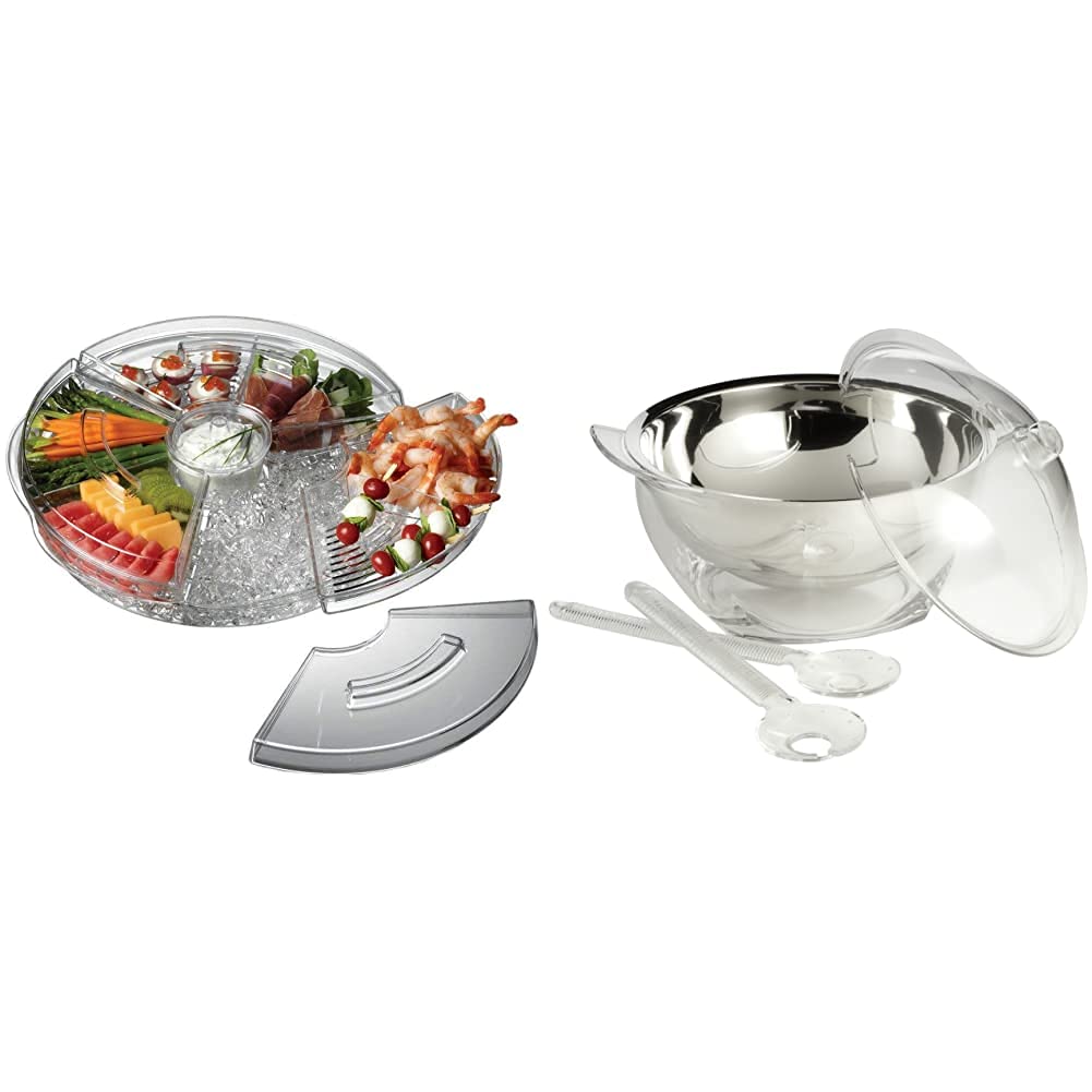 Prodyne 16-Inch Clear Appetizer Tray with Lids & 4-Quart Off-White Iced Salad Bowl (IC-30) - Perfect for Chilled Party Platters, Buffet Serving, and Keeping Salads Fresh
