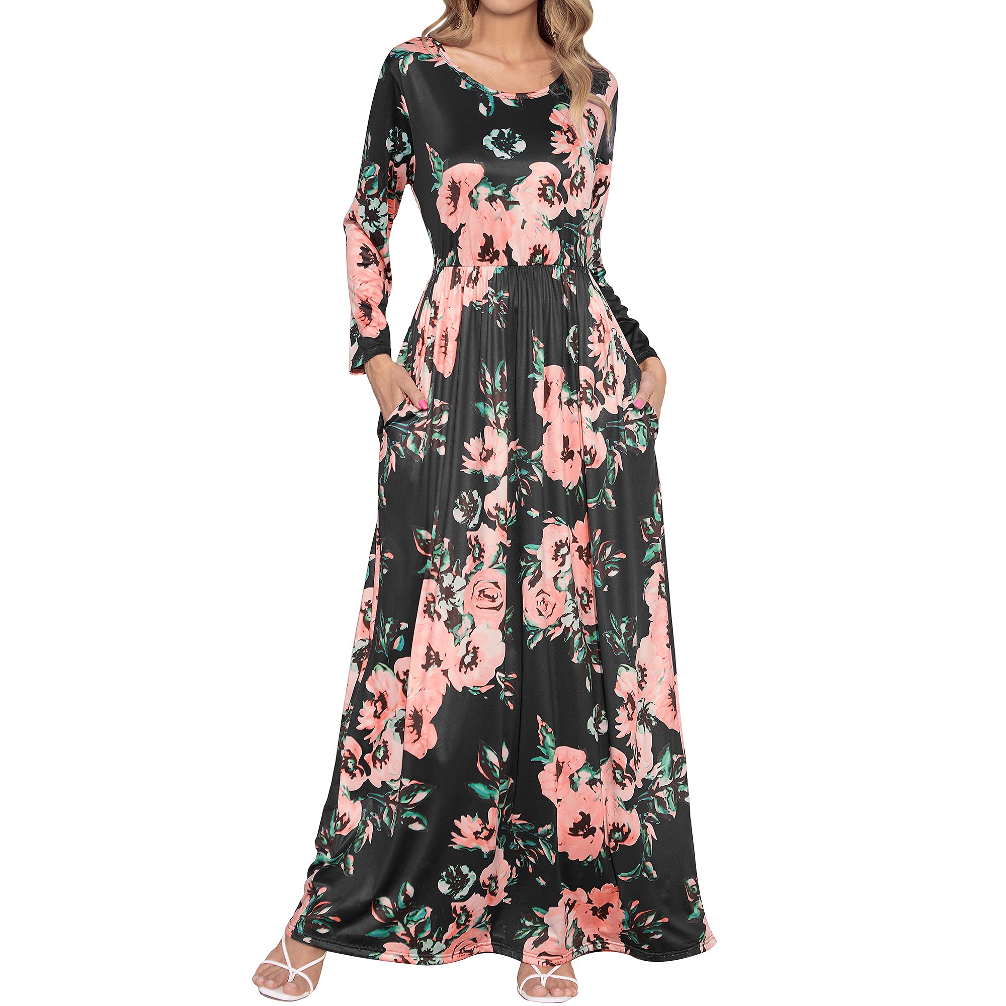 HOOYON Women's Floral Maxi Dress with Pockets - Summer Casual Long Dress for Beach, Vacation & Everyday Wear