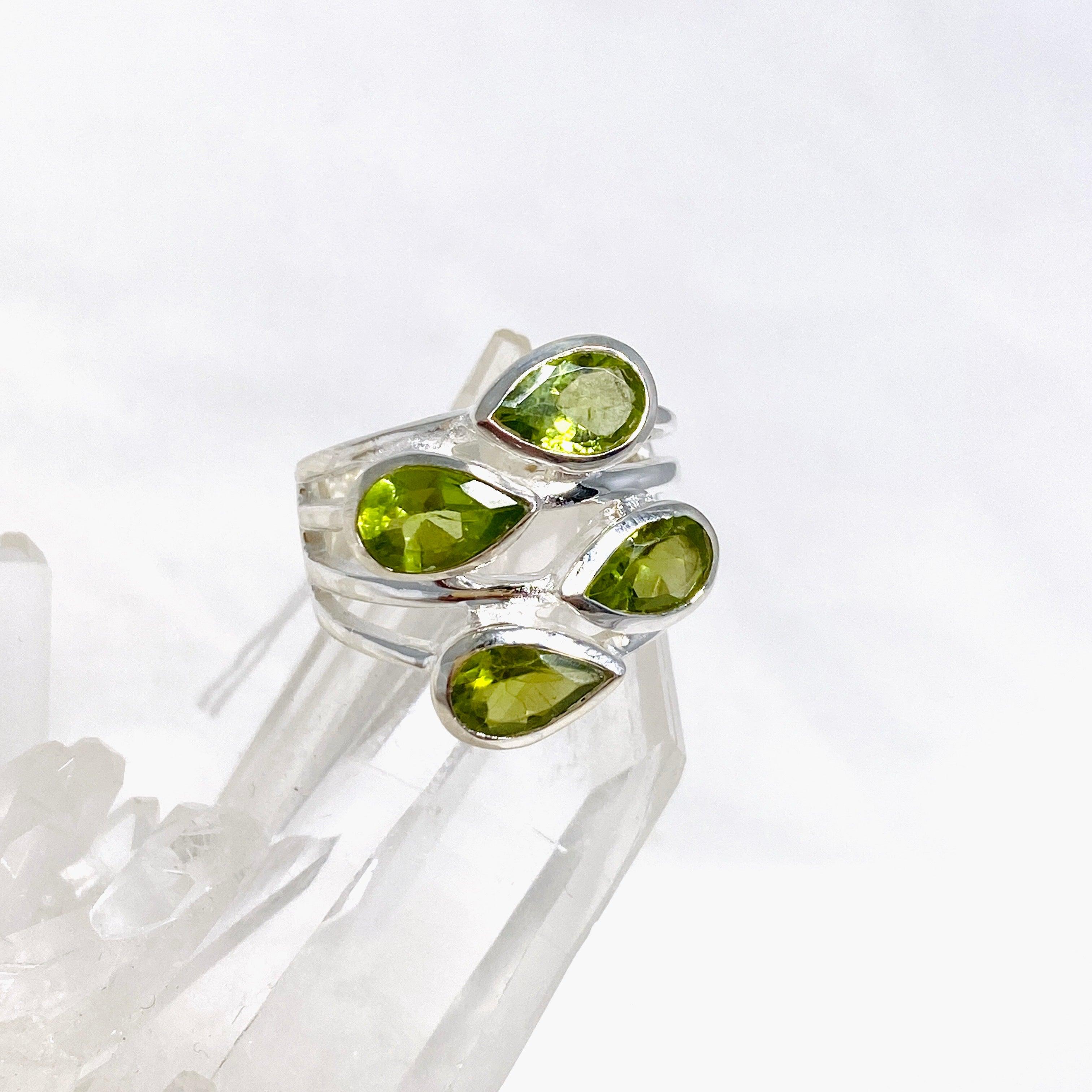 Peridot Multi-Stone Faceted Teardrop Ring R3815 - Elegant Green Gemstone Jewelry for Women, Perfect for Weddings, Parties & Special Occasions