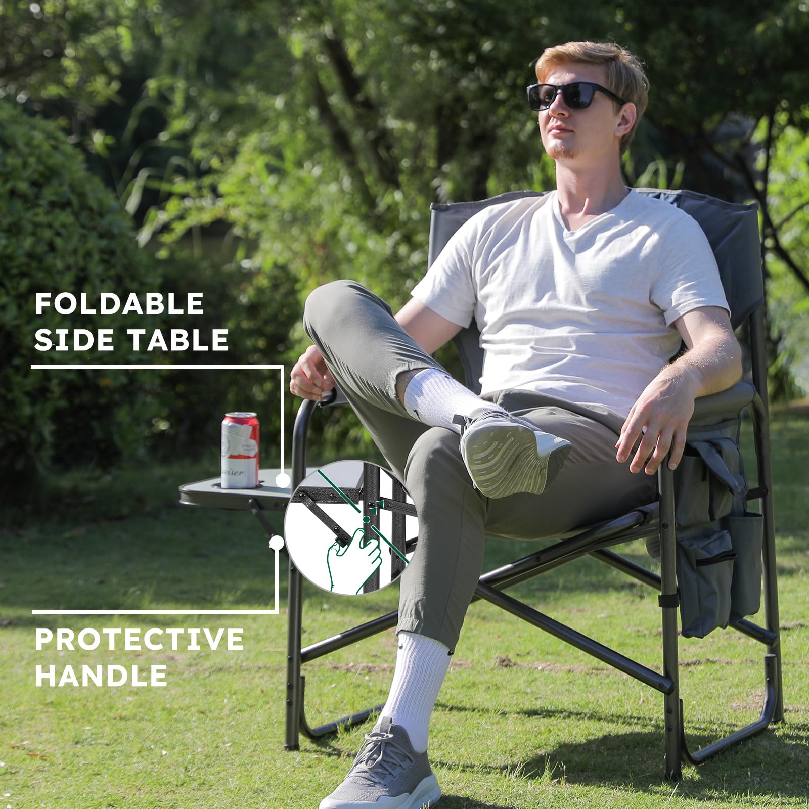 Heavy Duty Oversized Camping Chair with 600 LBS Capacity - Foldable Outdoor Chair with Detachable Side Pocket & Adjustable Side Table - Perfect for Beach, Lawn, Fishing, Camping & Backyard Relaxation (Blue)