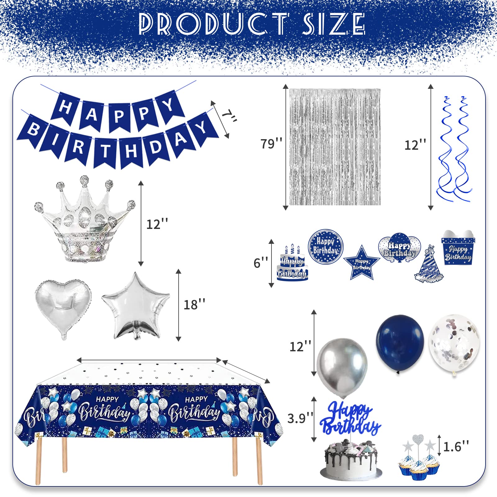Navy Blue & Silver Birthday Party Decorations Set for Men & Women - Happy Birthday Banner, Tablecloth, Balloons, Fringe Curtains, Hanging Swirls & Cake Toppers | Perfect for Adult Birthday Parties, Office Celebrations & Surprise Decorations