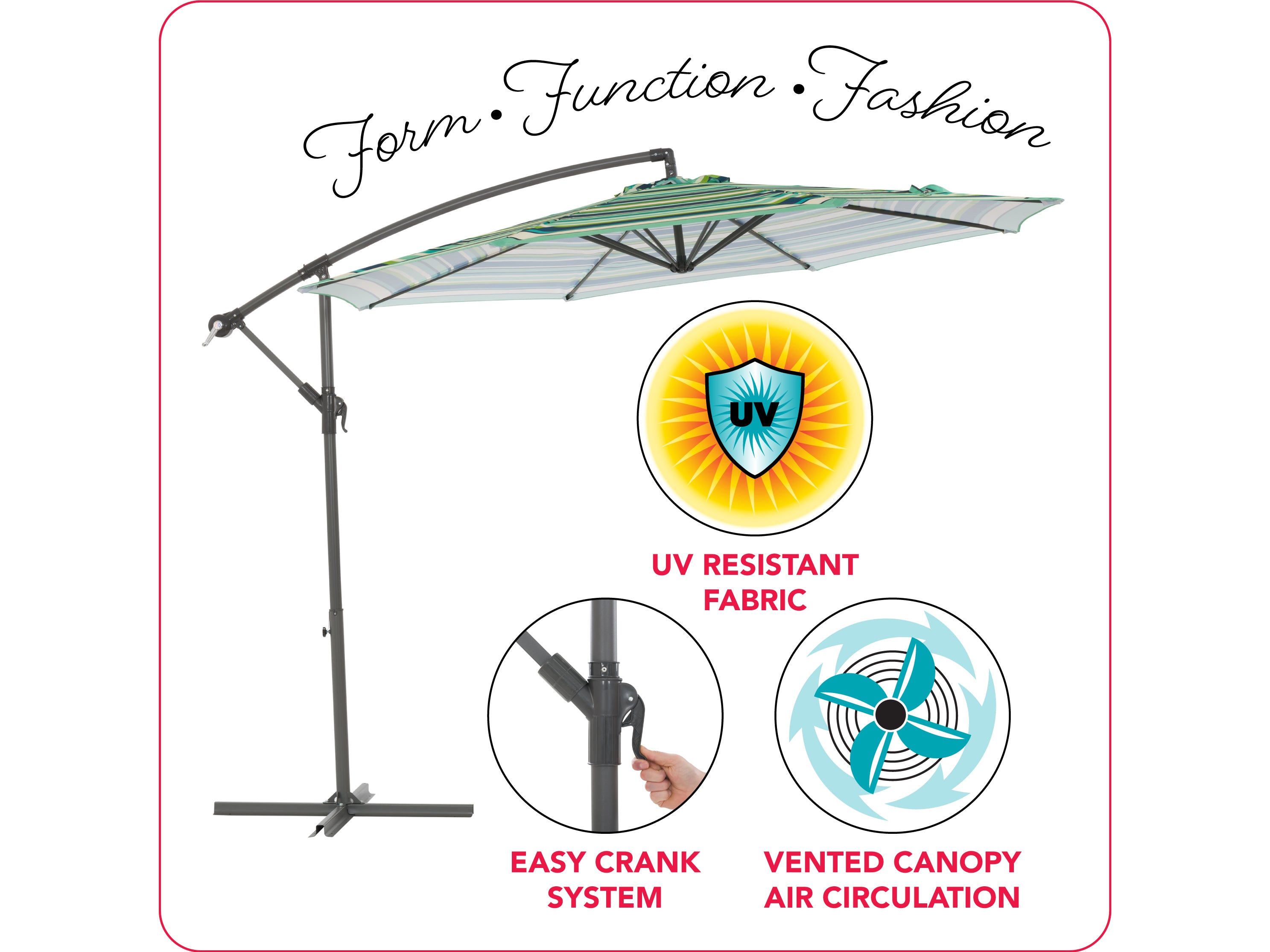 10ft Striped Offset Umbrella - Blue & Green Outdoor Patio Umbrella for Poolside, Garden, and Backyard Relaxation