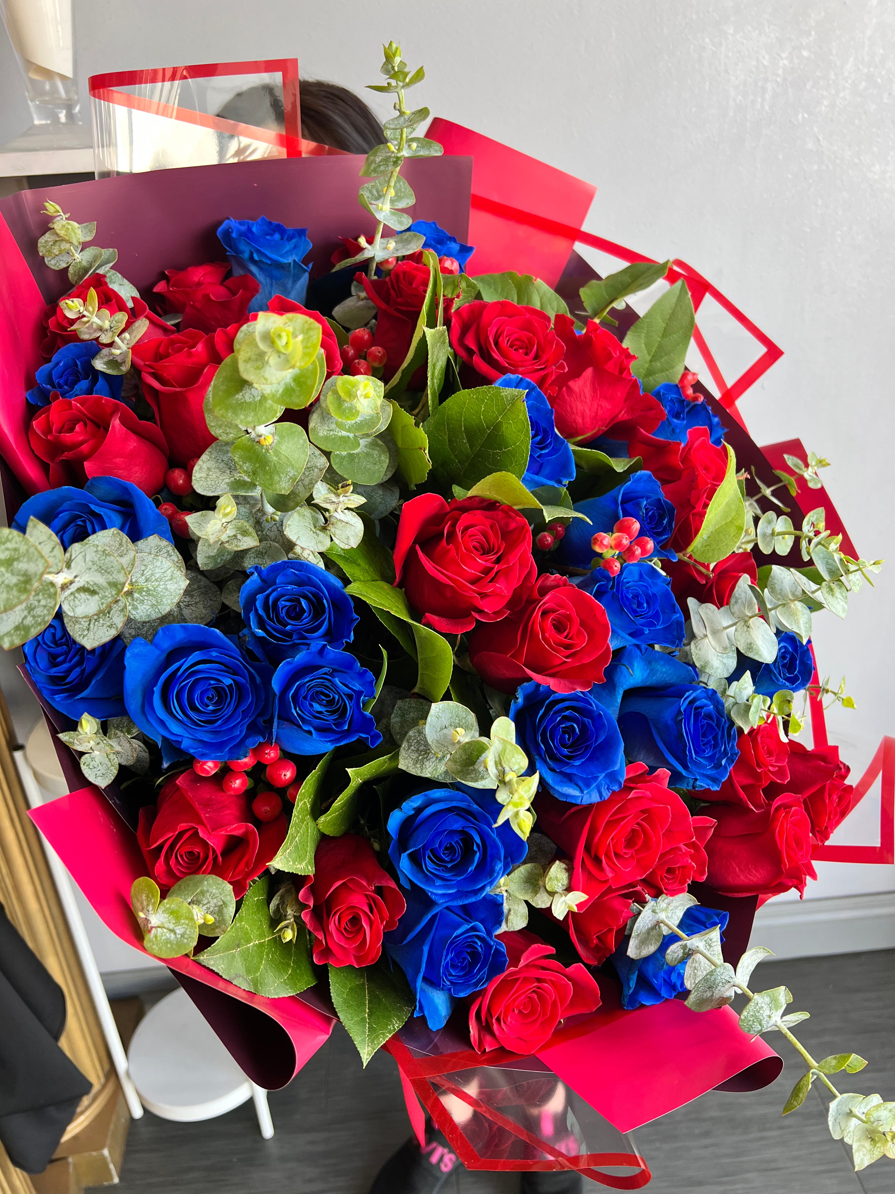Beautiful Wrapped Bouquet of Blue and Red Roses - Perfect for Anniversaries, Valentine's Day & Romantic Gifts