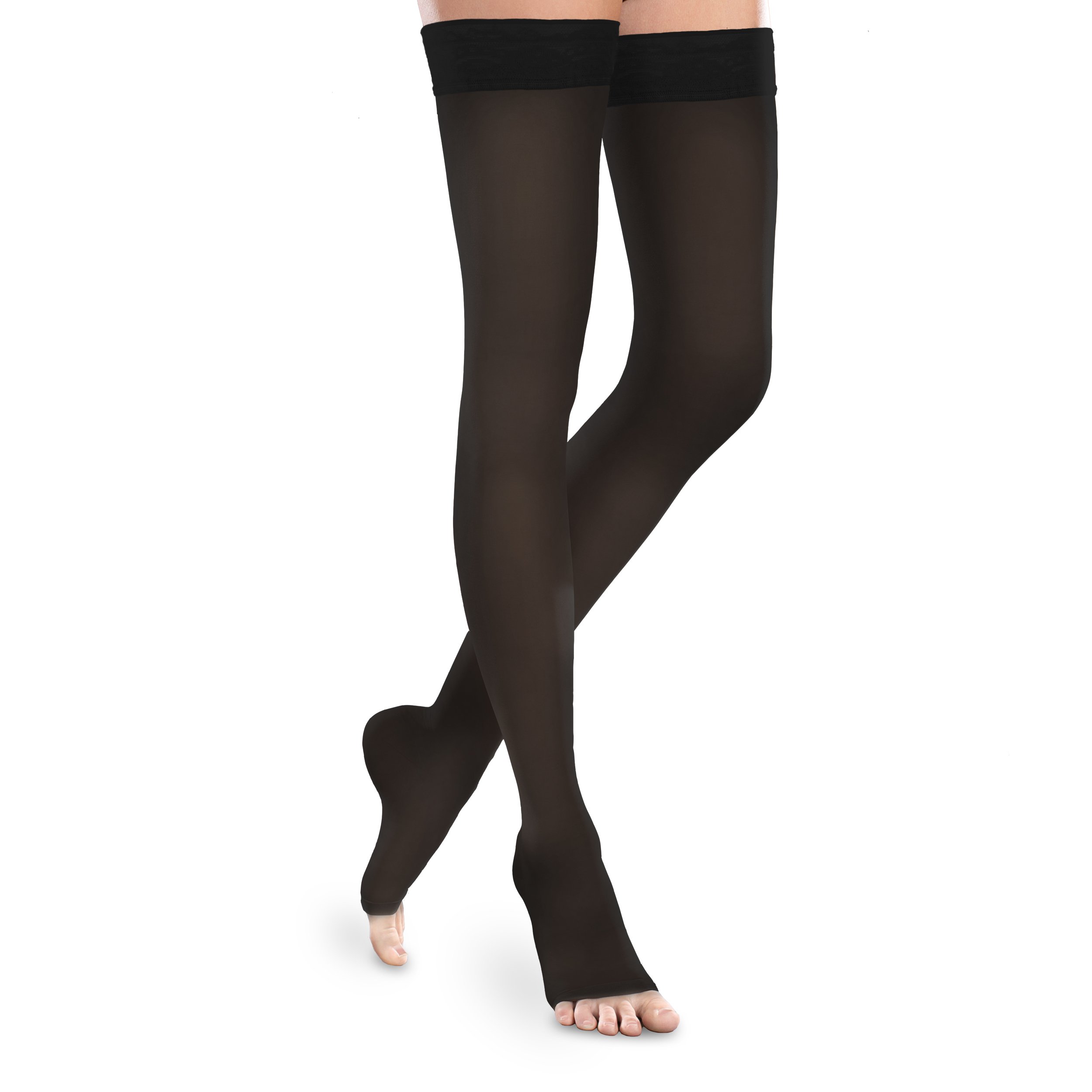 Sheer Ease Women's Open-Toe Thigh High Stockings - 15-20mmHg Mild Compression Nylons for Varicose Veins Relief & Comfort - Perfect for Work, Travel, and Everyday Wear