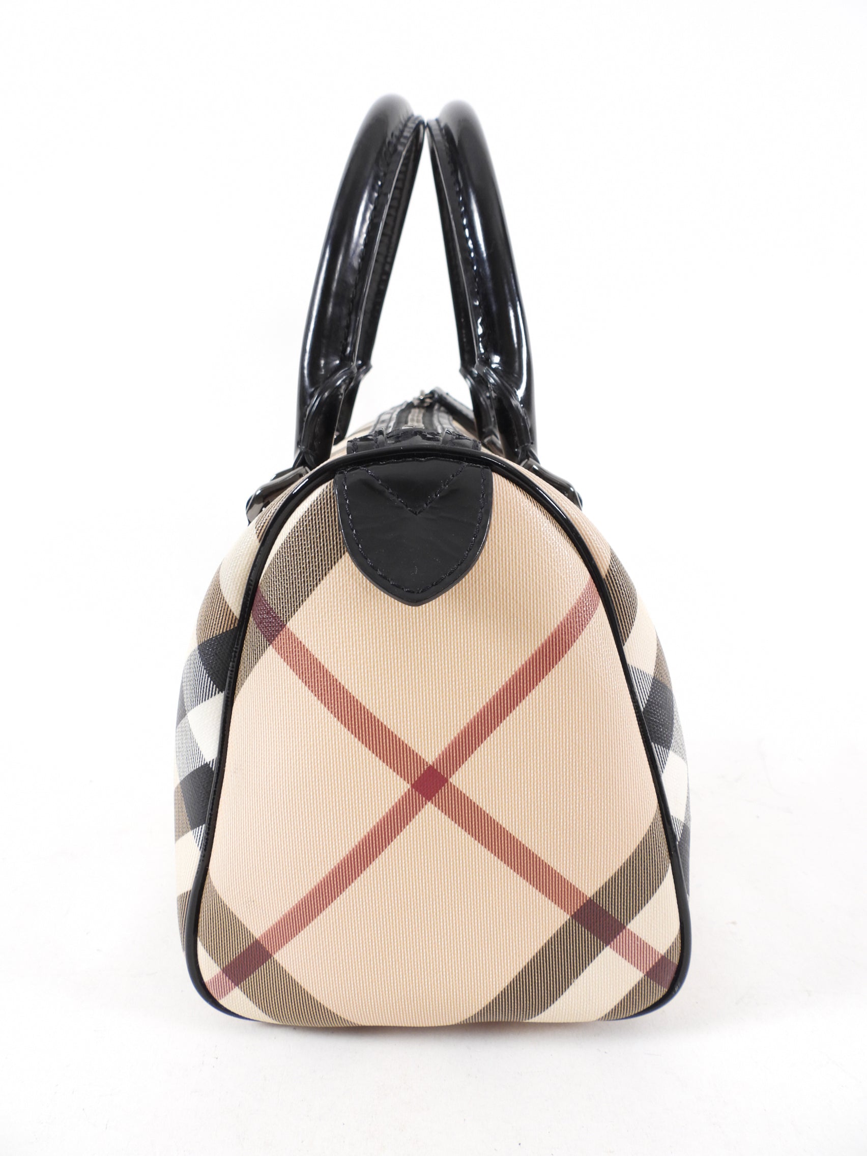 Burberry Nova Check & Patent Leather Small Boston Bag - Luxury Crossbody Handbag for Women, Perfect for Work, Travel & Everyday Use