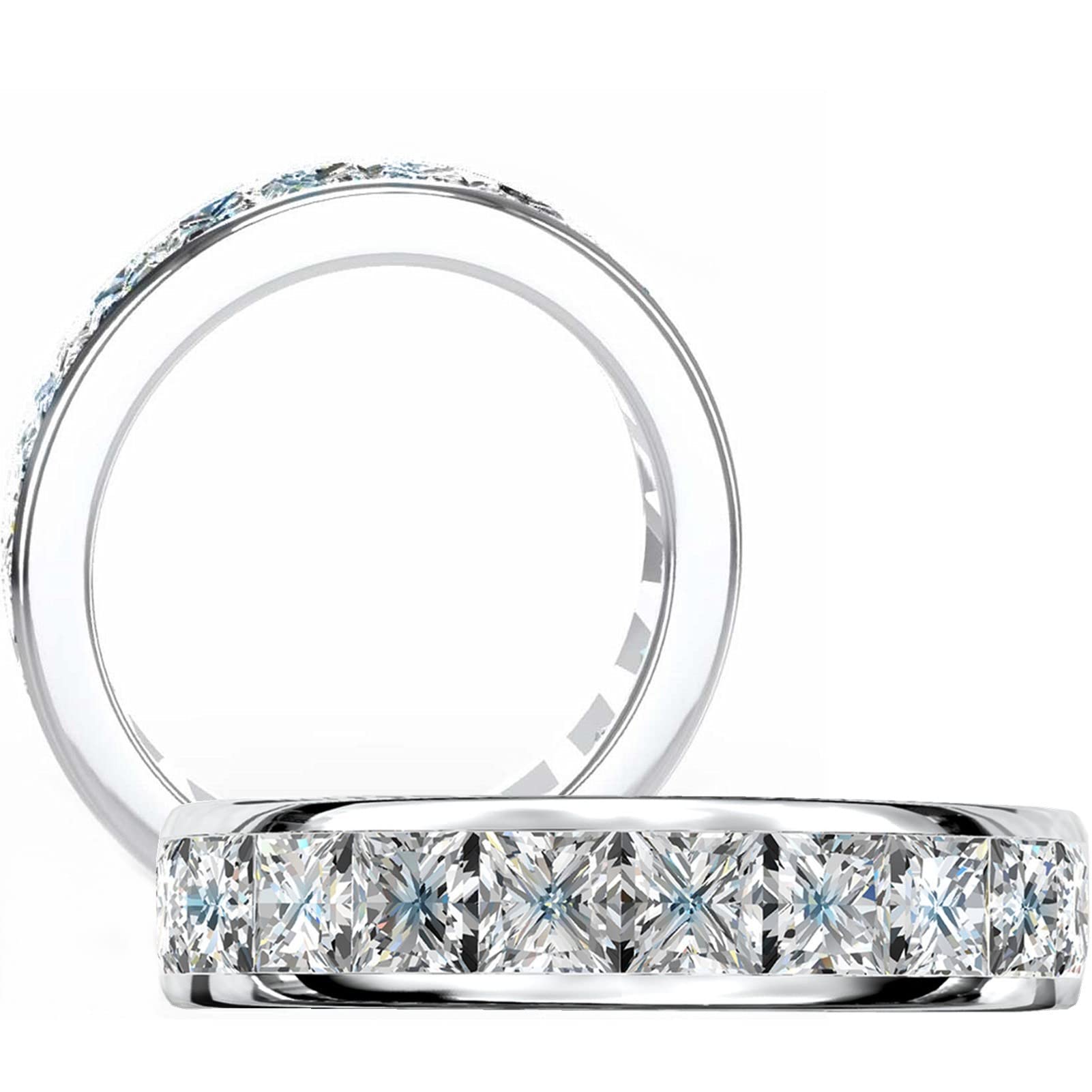 3.15 Carat Princess Cut Moissanite Eternity Band for Women - DF Color VVS Clarity Sterling Silver with 18K White Gold Plated Wedding Ring - Perfect for Anniversaries, Engagements & Special Occasions